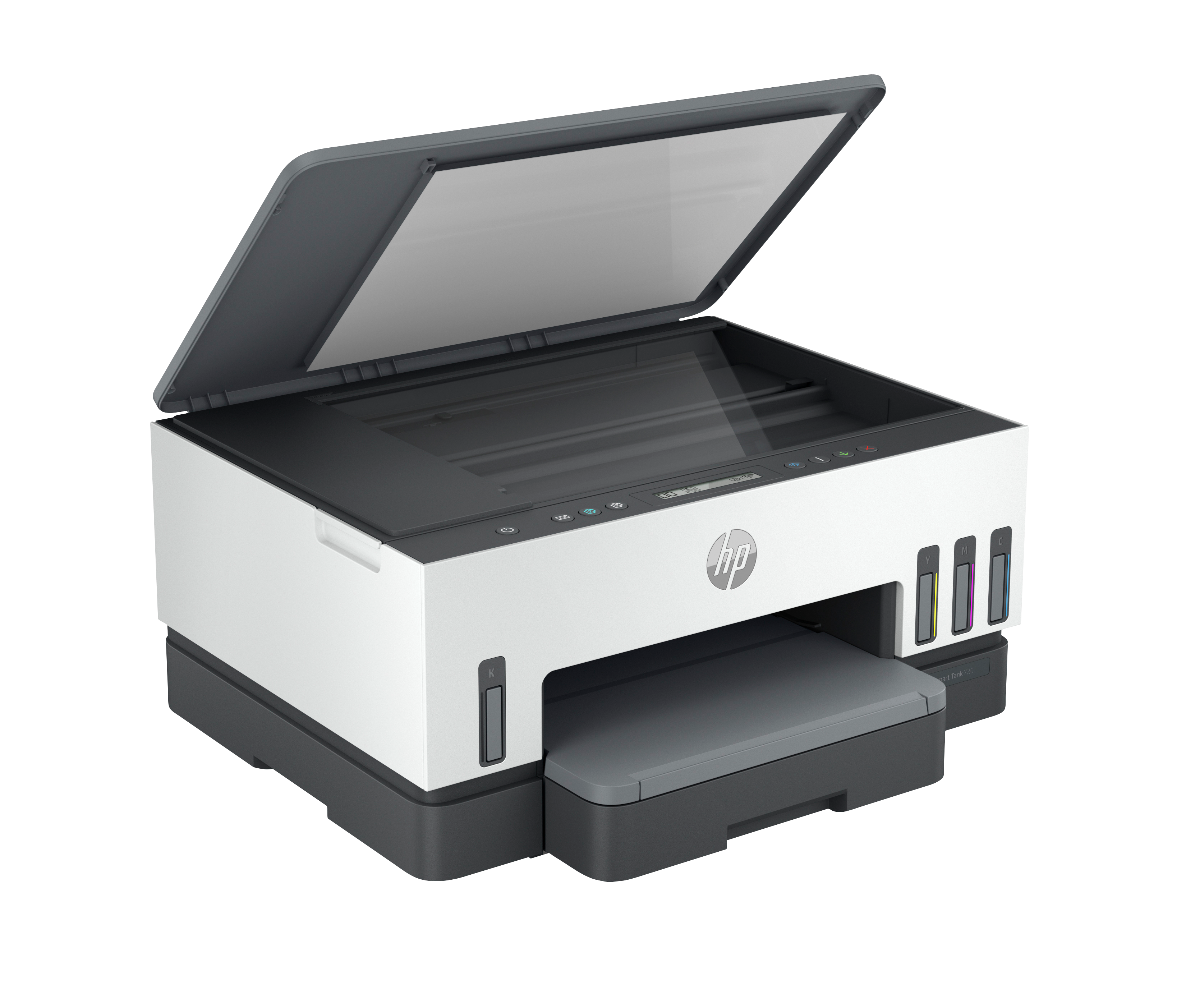 Kapalı kapağı açık, mürekkep tankları görünen beyaz HP çok fonksiyonlu yazıcı.