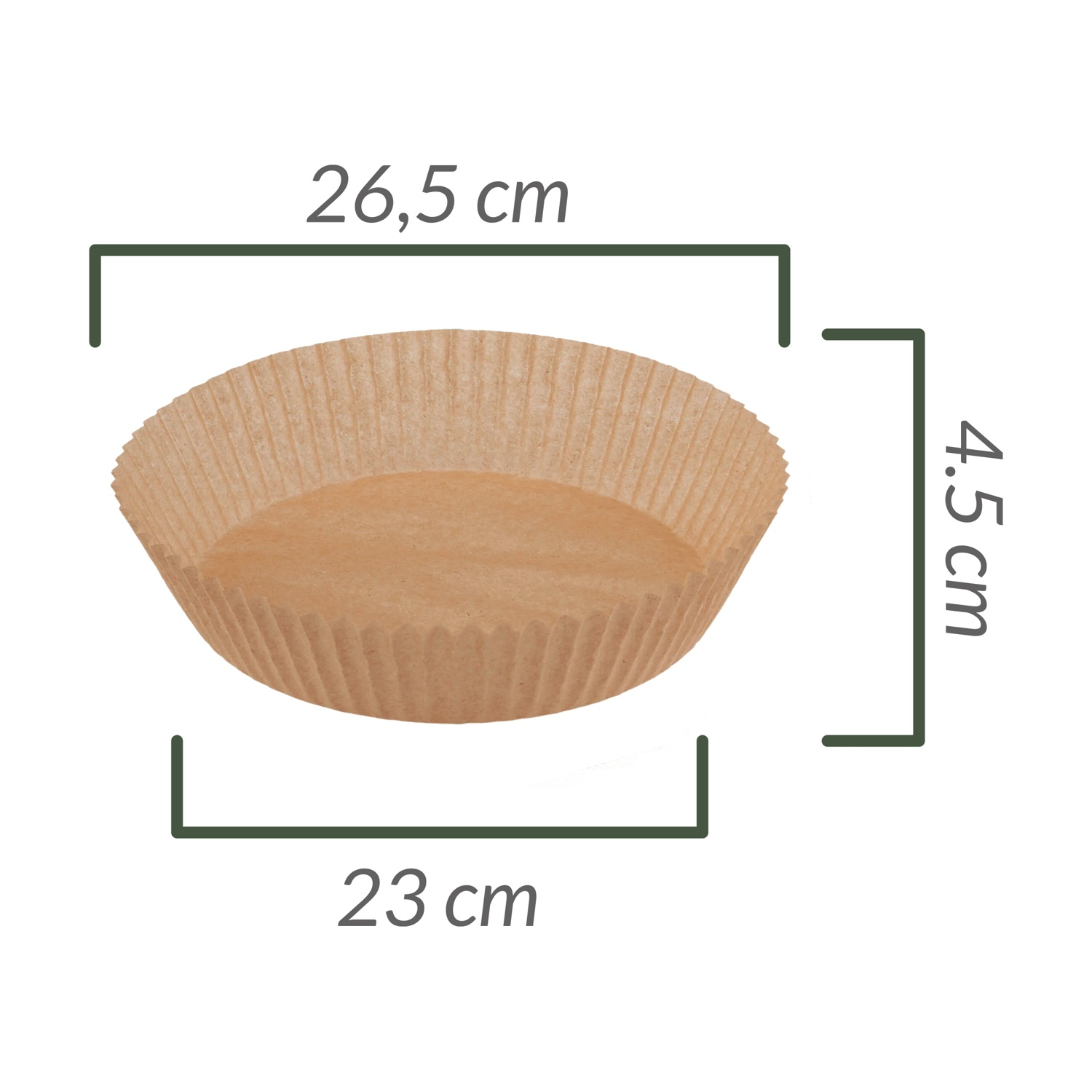 Un pirottino di carta marrone mostrato con dimensioni. Diametro 26,5 cm, base 23 cm, altezza 4,5 cm.