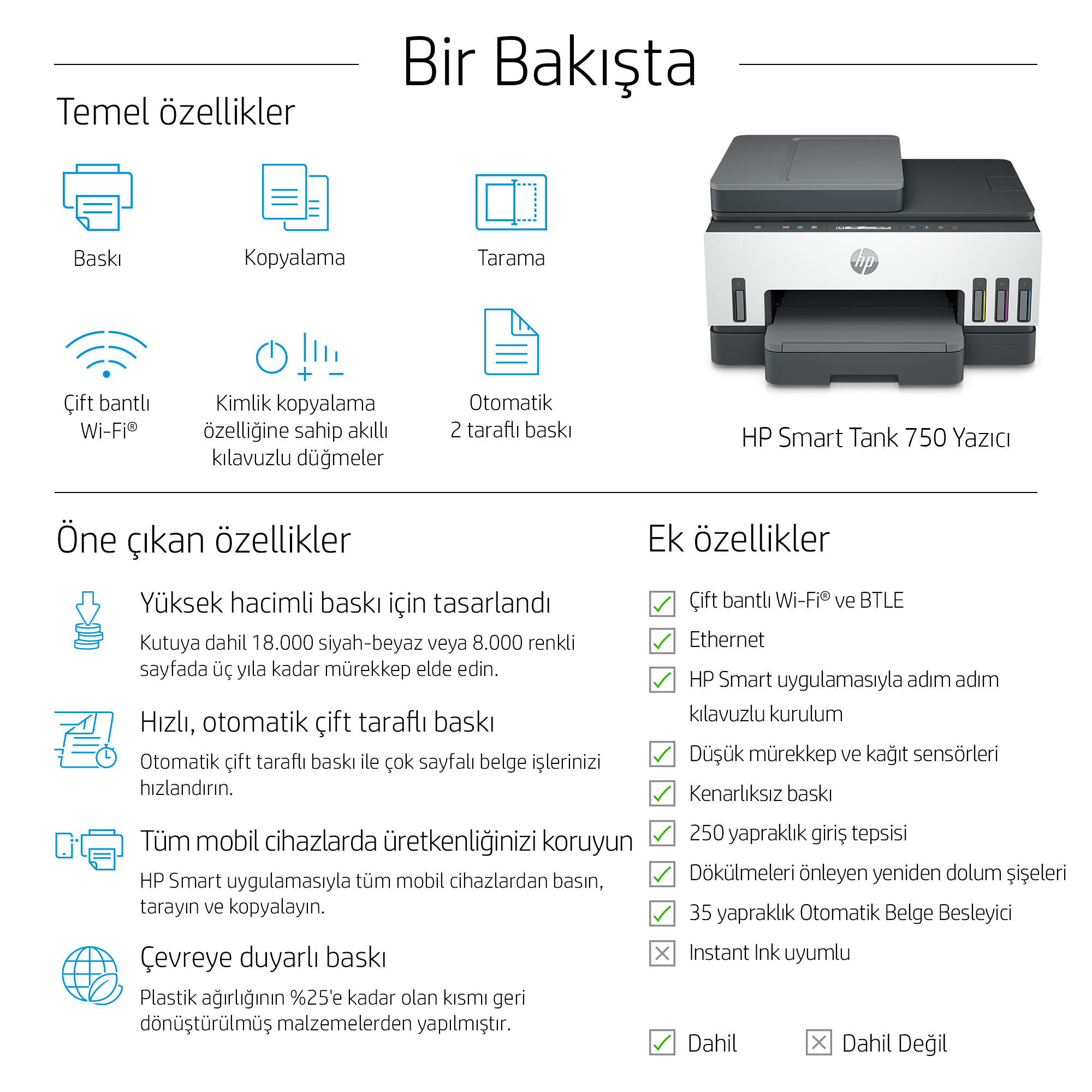 HP Smart Tank 750 yazıcı; baskı, kopya, tarama ve Wi-Fi özelliklerine sahip.