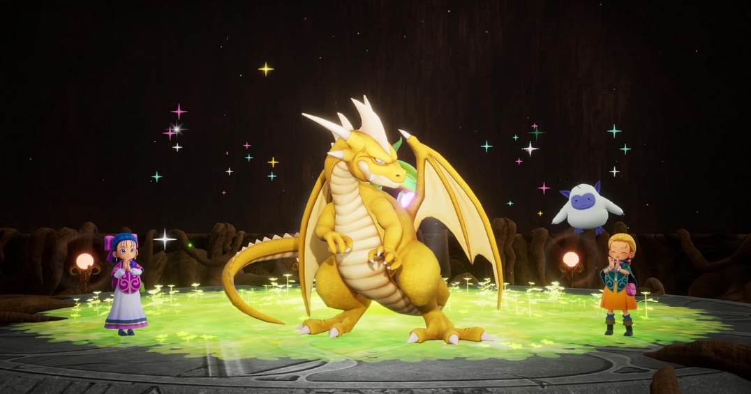 Ein gelber Drache steht im Mittelpunkt, flankiert von zwei Kindern und einem weißen Wesen.