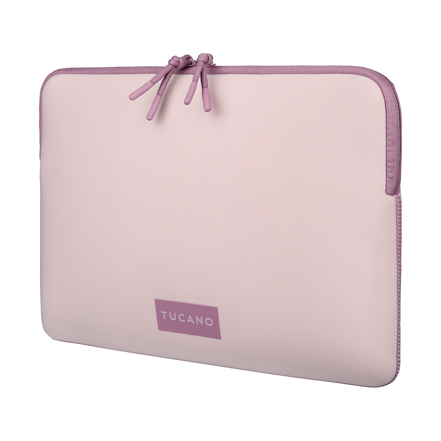 Una custodia rosa chiaro per laptop con bordi e tiretti viola.