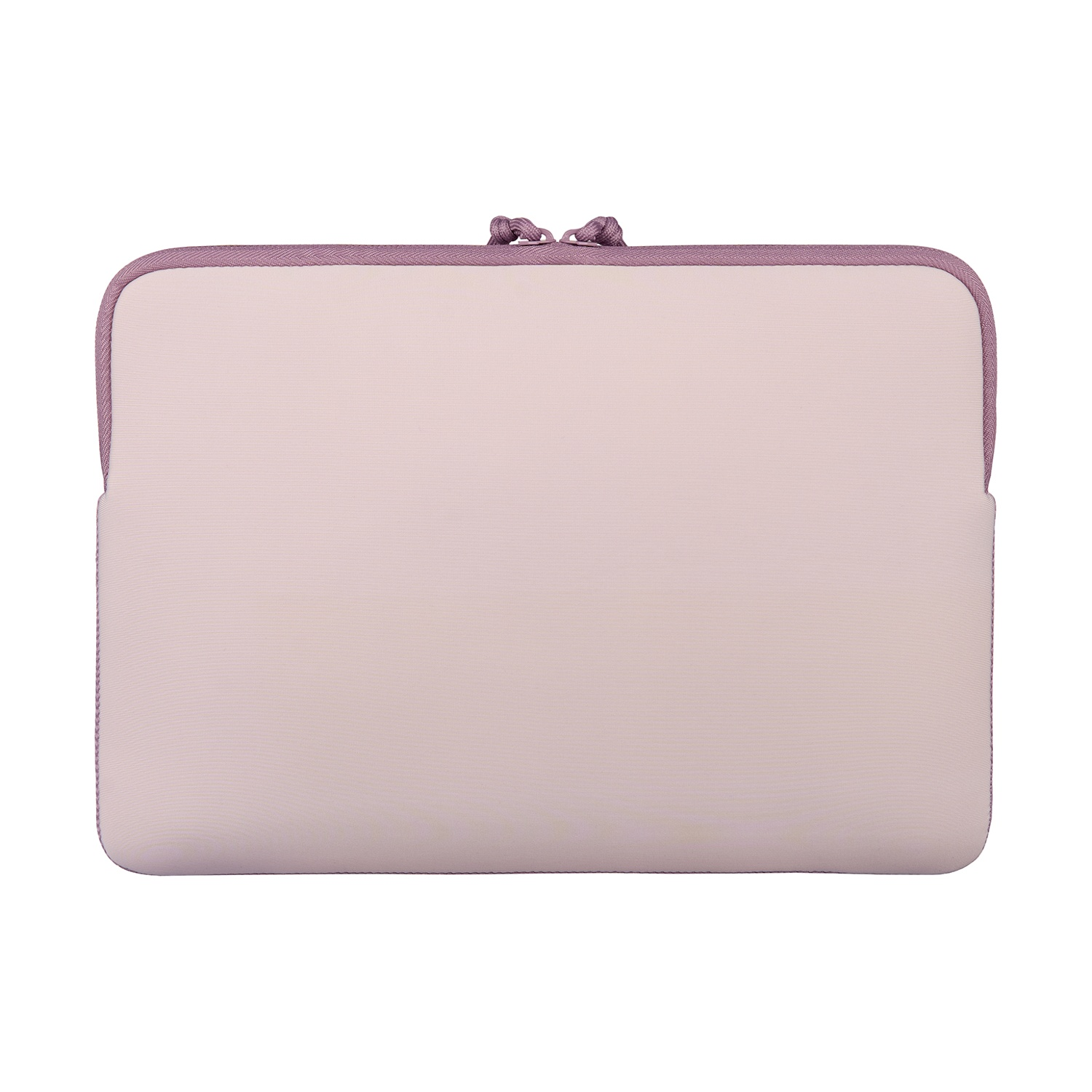 Una custodia piatta e rettangolare per laptop in rosa pallido con finiture e cerniera viola.