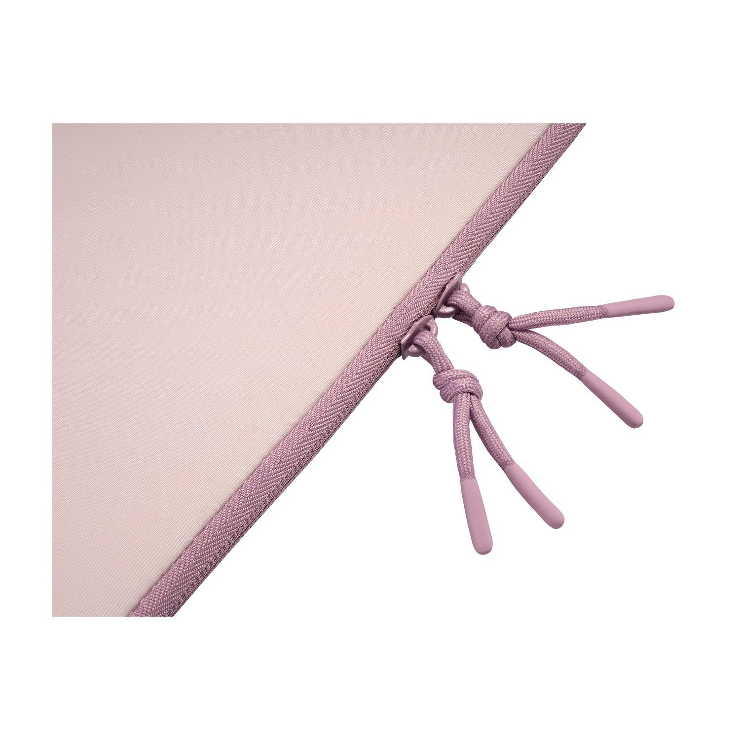 Tessuto rosa chiaro con coulisse viola e estremità gommata.
