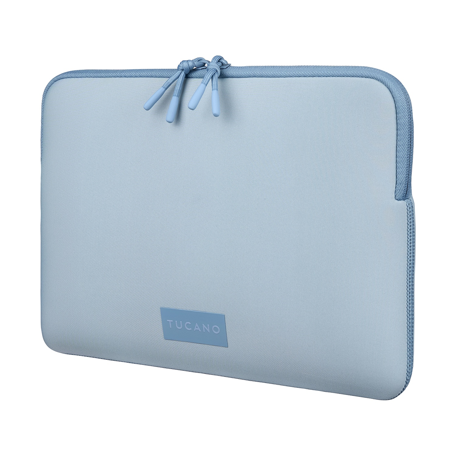 Custodia azzurra per laptop con due tiretti e logo TUcanO.
