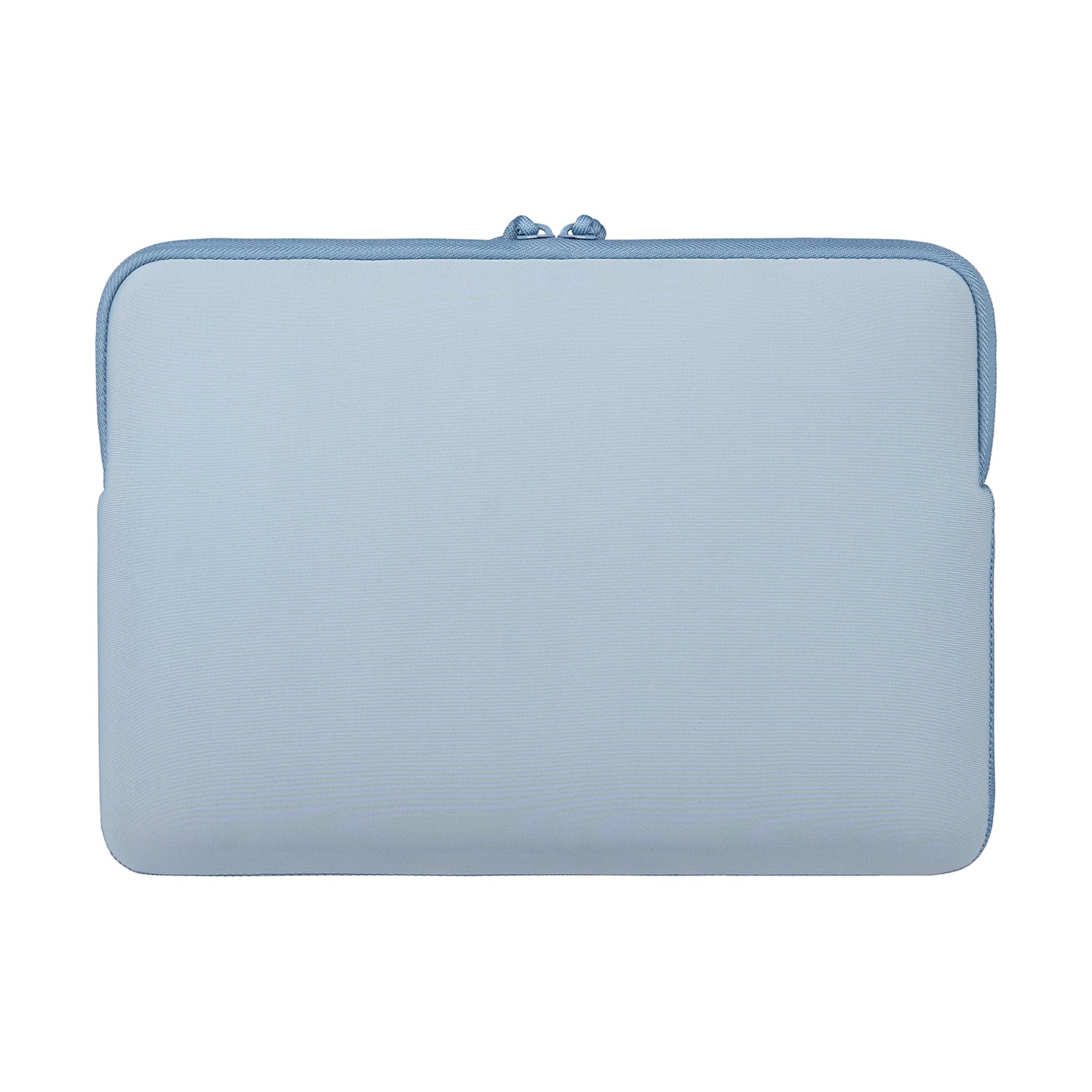 Custodia azzurra per laptop con cerniera in alto e bordo blu.