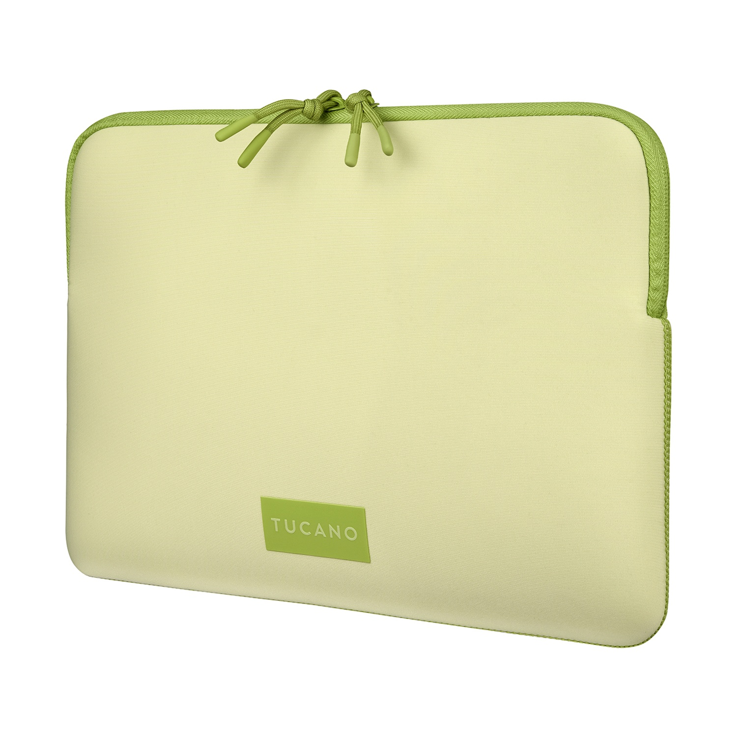 Custodia per laptop giallo chiaro con cerniera e logo verdi. Sfondo bianco.