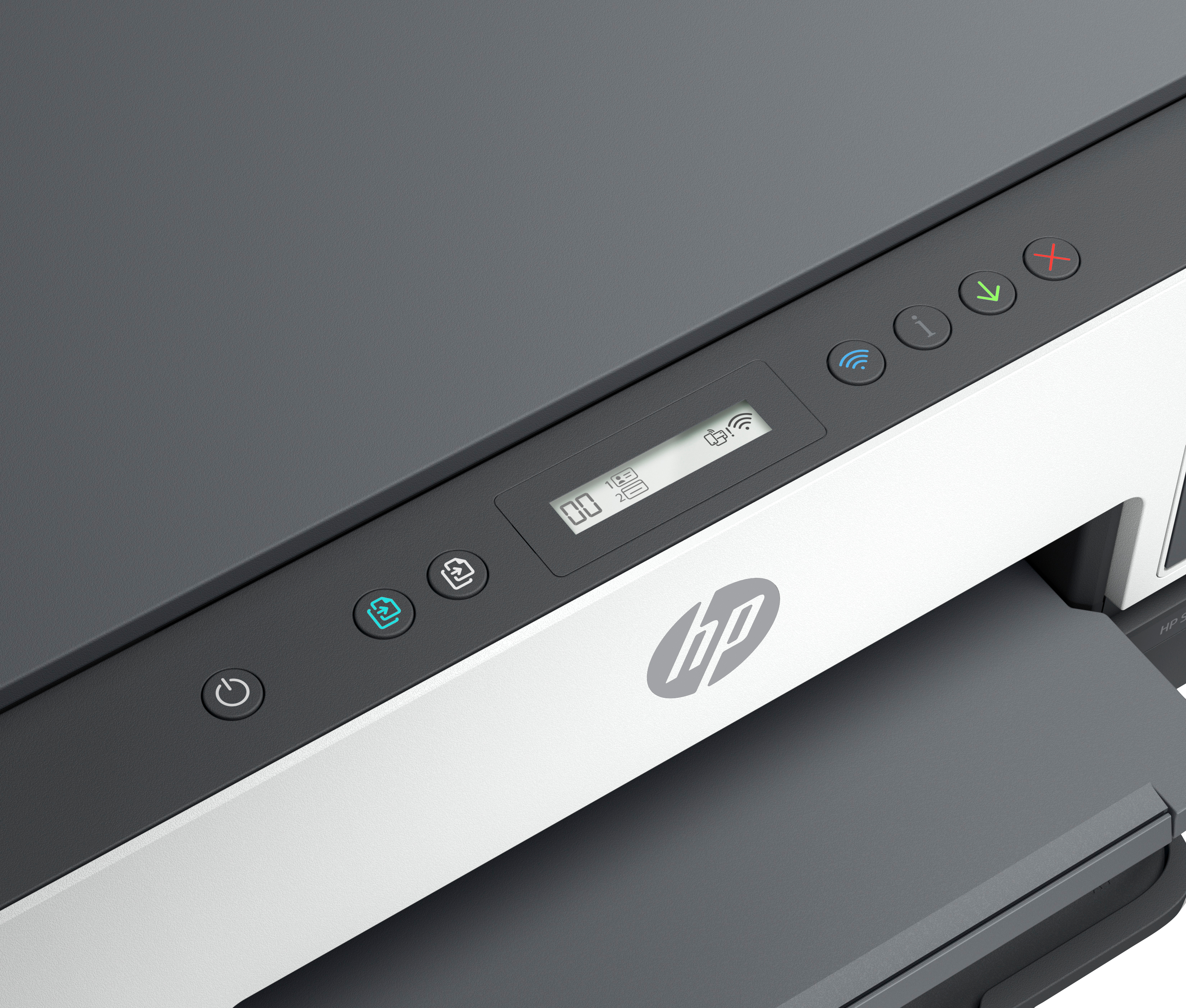 Gri HP yazıcının kontrol paneli, düğmeleri ve HP logosunu gösteren yakın çekim.