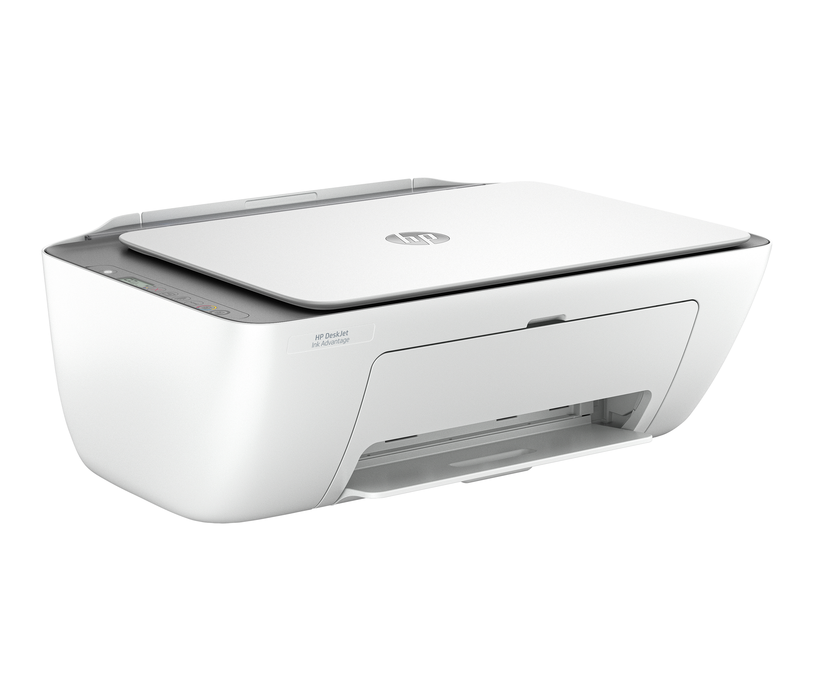 Kapaktaki gümüş HP logosuna sahip beyaz bir HP yazıcı.