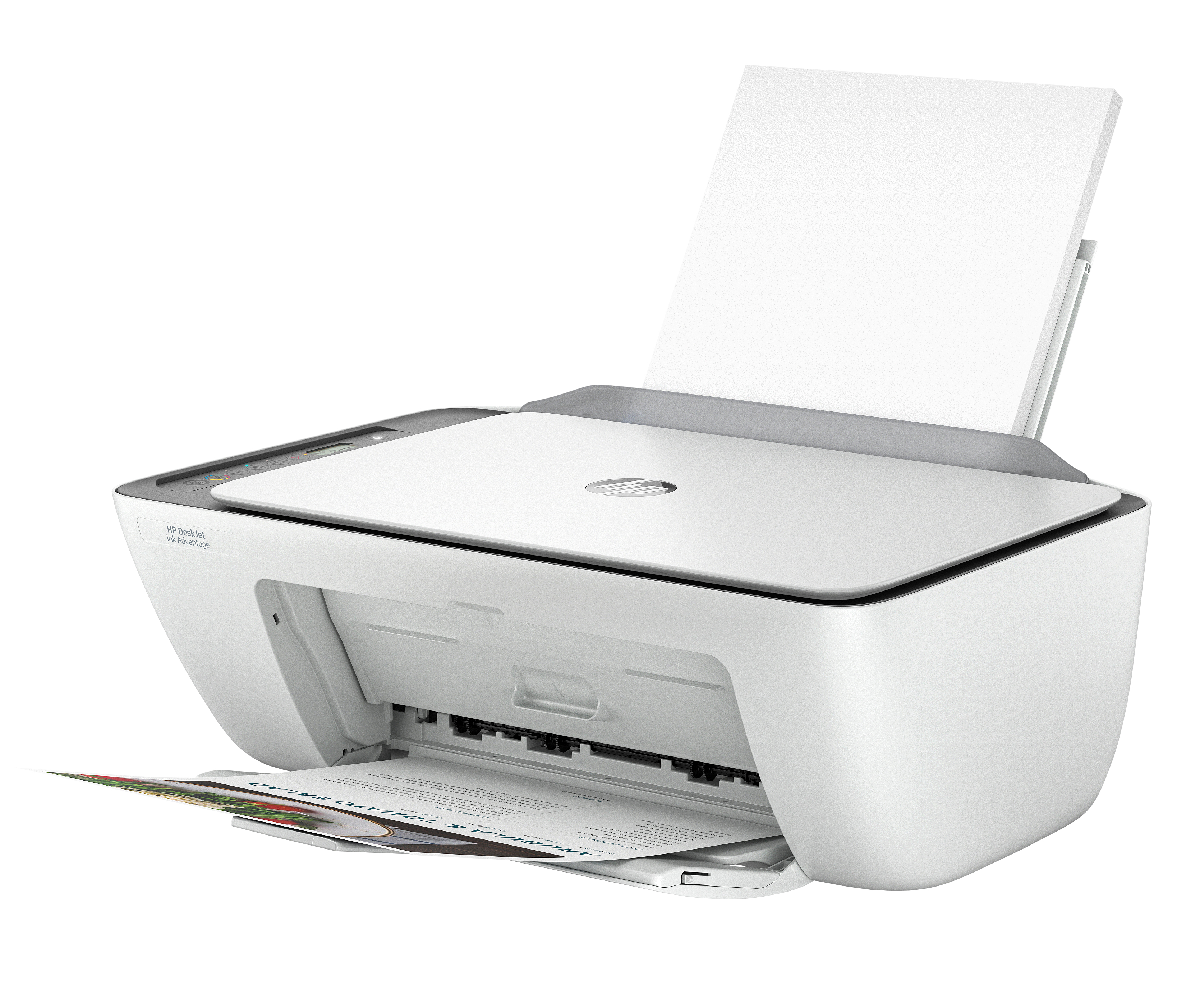 Kağıt giriş ve çıkış tepsilerinde kağıt bulunan beyaz bir HP DeskJet yazıcı.