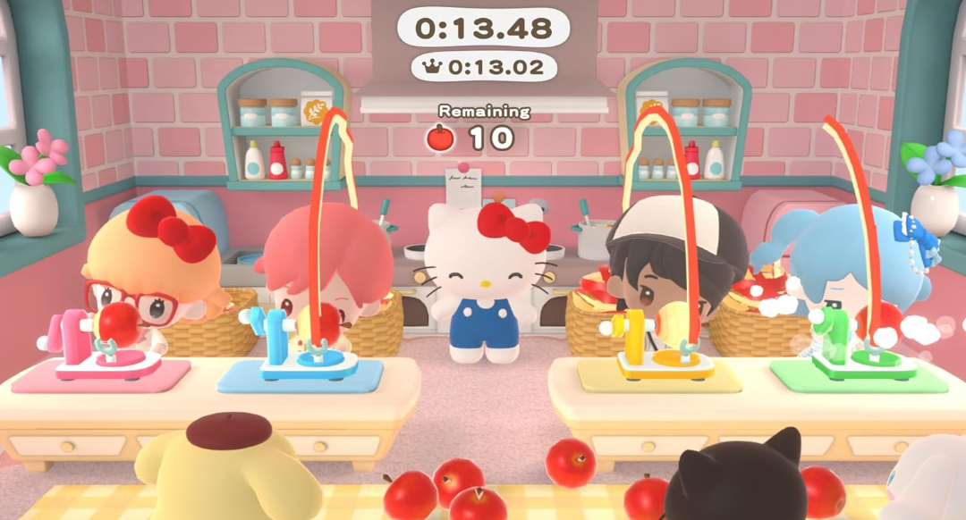 Hello Kitty und Freunde spielen ein Spiel in einer Küche mit Äpfeln.