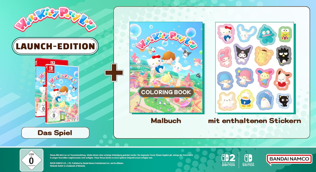 Launch-Edition: Nintendo Switch Spiel, Malbuch und Sticker mit Hello Kitty.