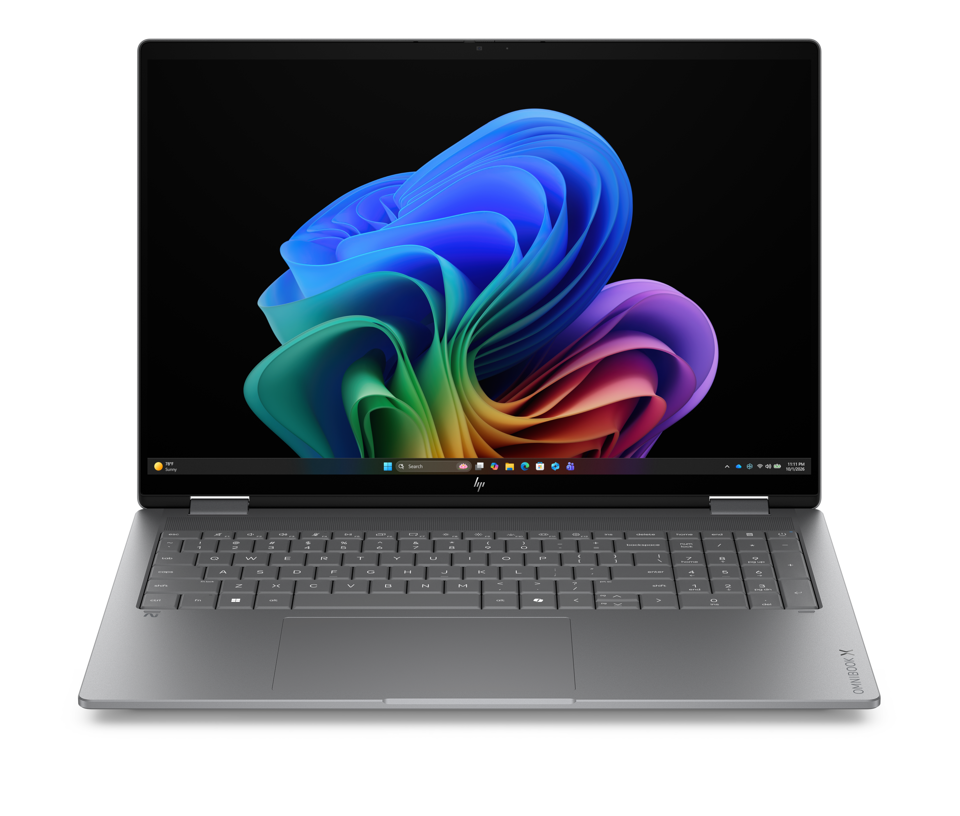 Ein geöffneter Laptop mit einem bunten Hintergrundbild und einer Tastatur.