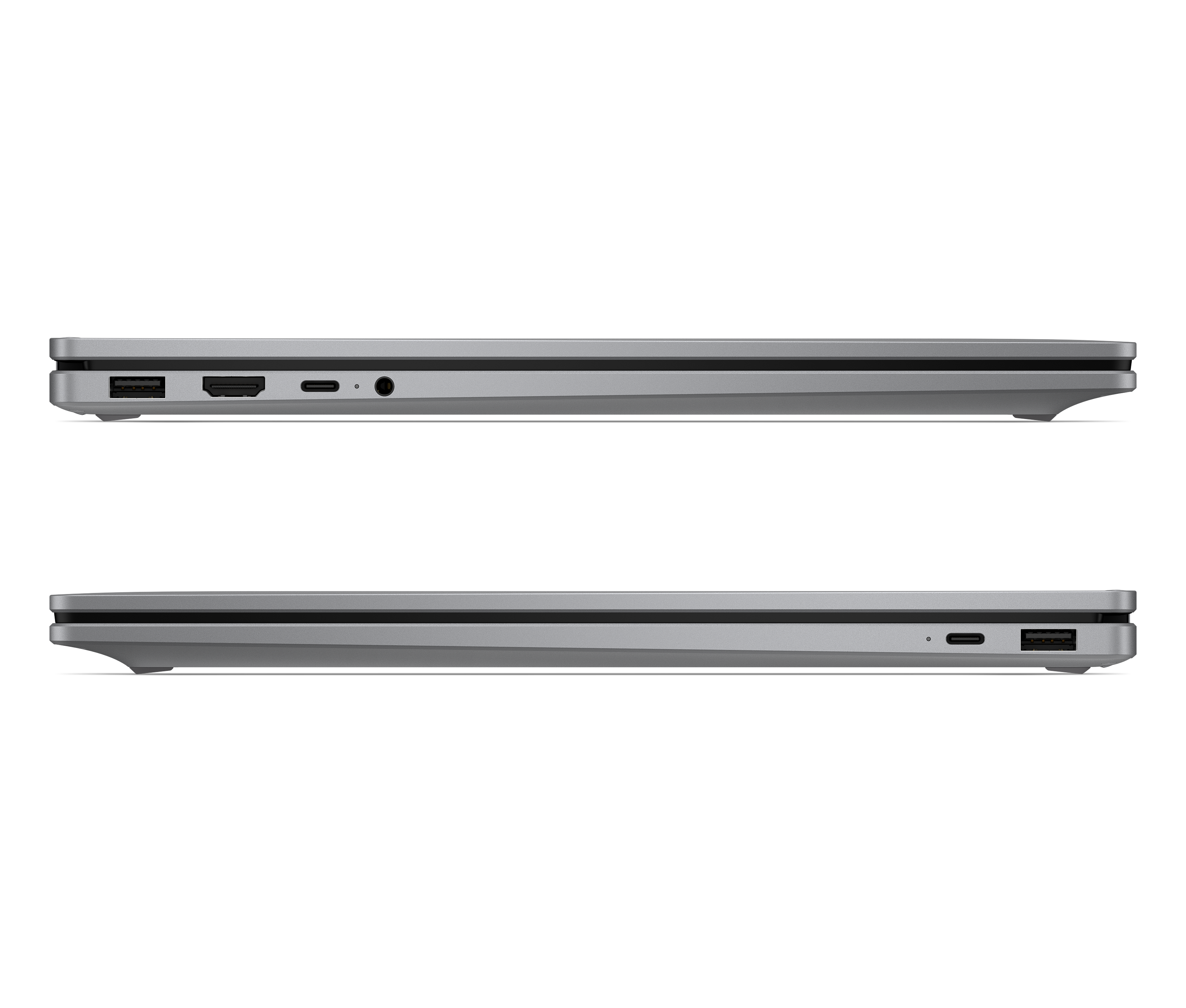 Nahaufnahme der Seitenansicht eines silbernen Laptops mit Anschlüssen.