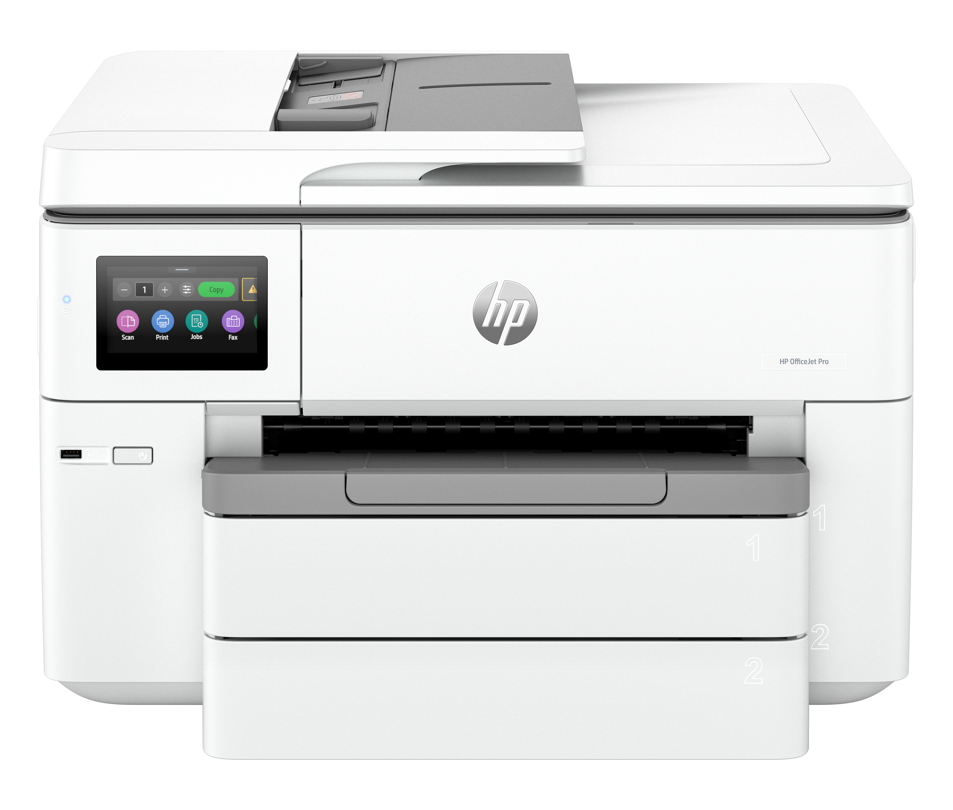 Dokunmatik ekranlı ve kağıt tepsili beyaz HP OfficeJet Pro yazıcı.