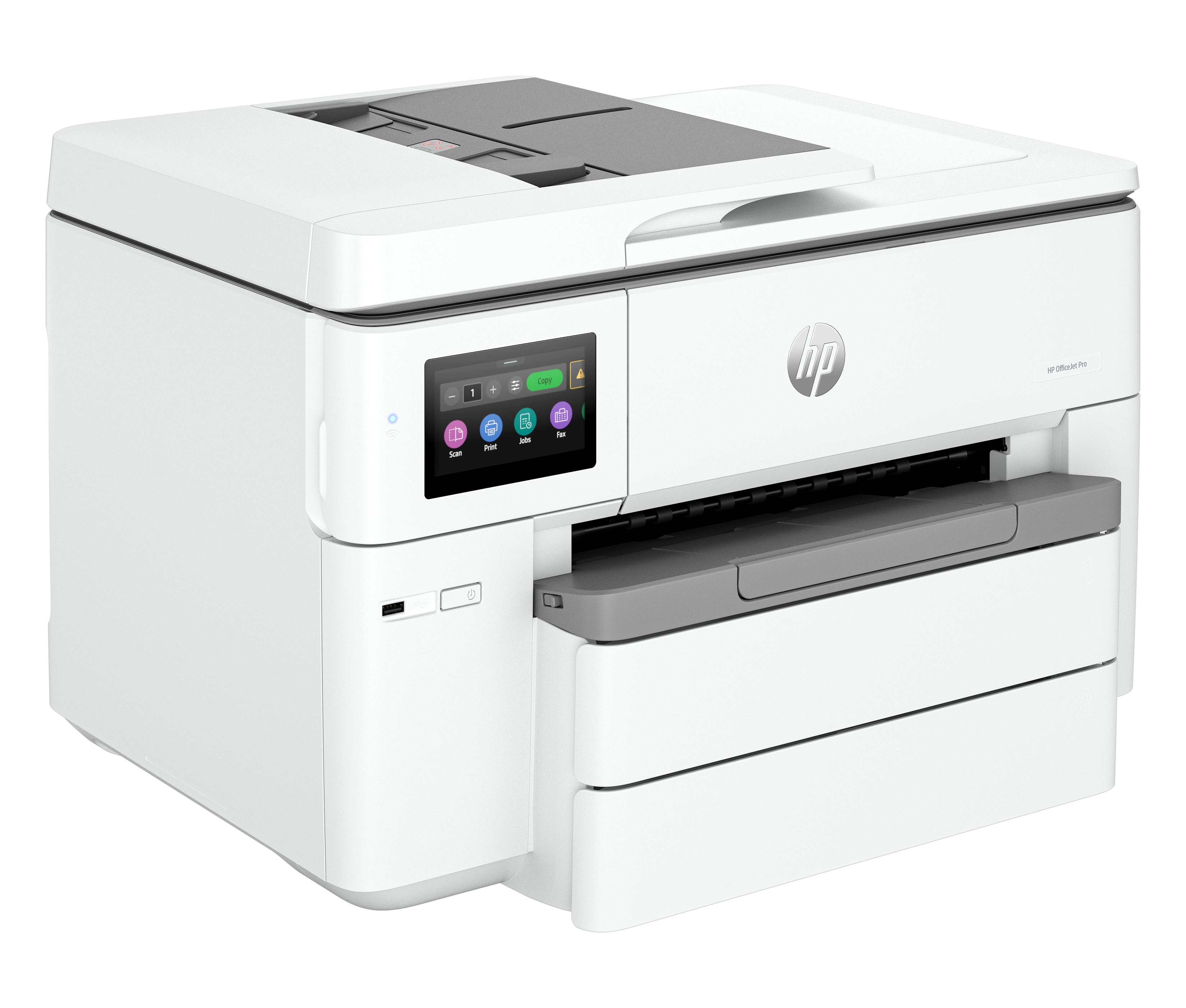 Dokunmatik ekranlı ve kağıt tepsili beyaz HP OfficeJet Pro yazıcı.