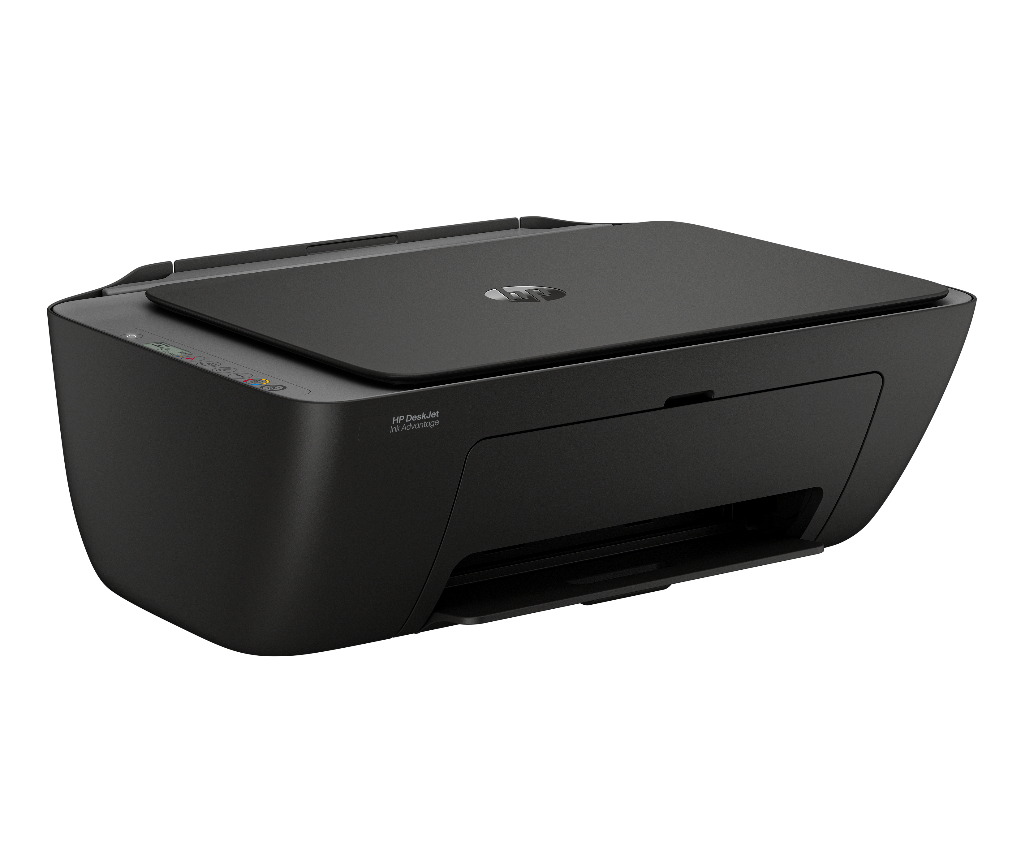 Siyah HP DeskJet Ink Advantage yazıcı, kontrol paneli ve HP logosuyla.