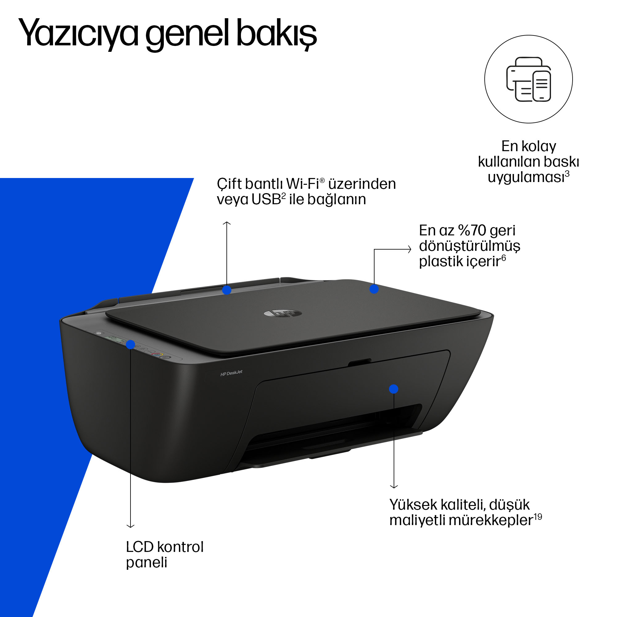 LCD panelli, Wi-Fi/USB, geri dönüştürülmüş plastik ve mürekkepli siyah HP DeskJet yazıcı.