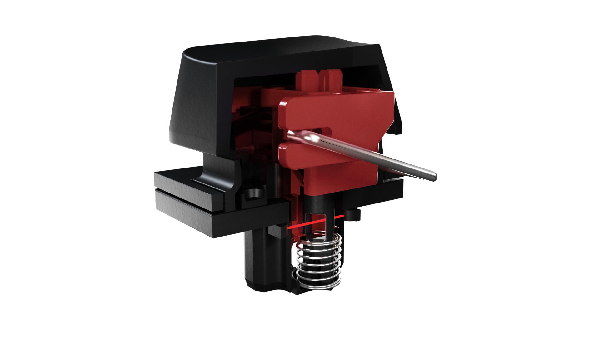 Mechanischer Schalter mit rotem Betätiger, Metallfeder und silbernem Hebel.