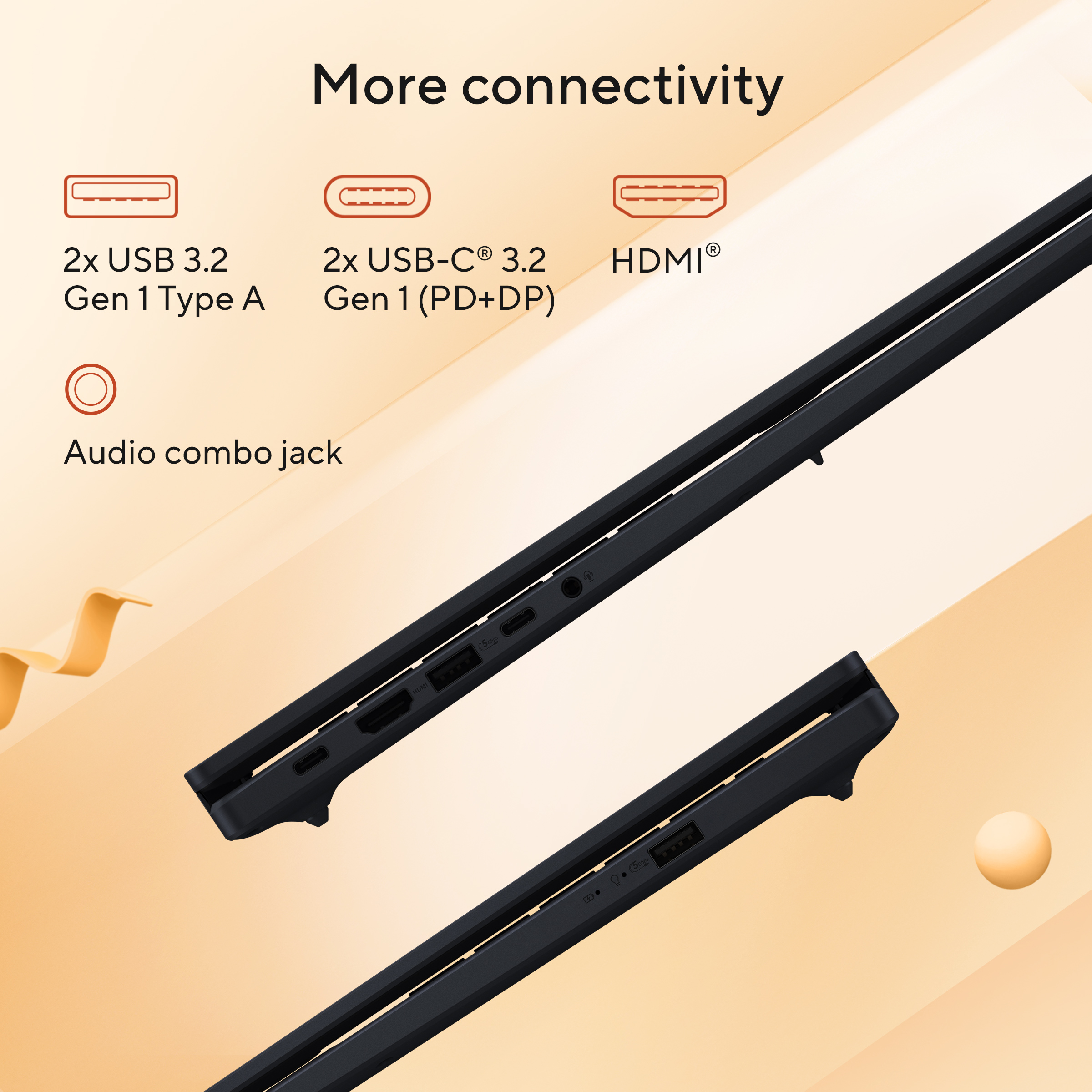 Laptop poorten: 2x USB 3.2, 2x USB-C, HDMI, audiojack.
