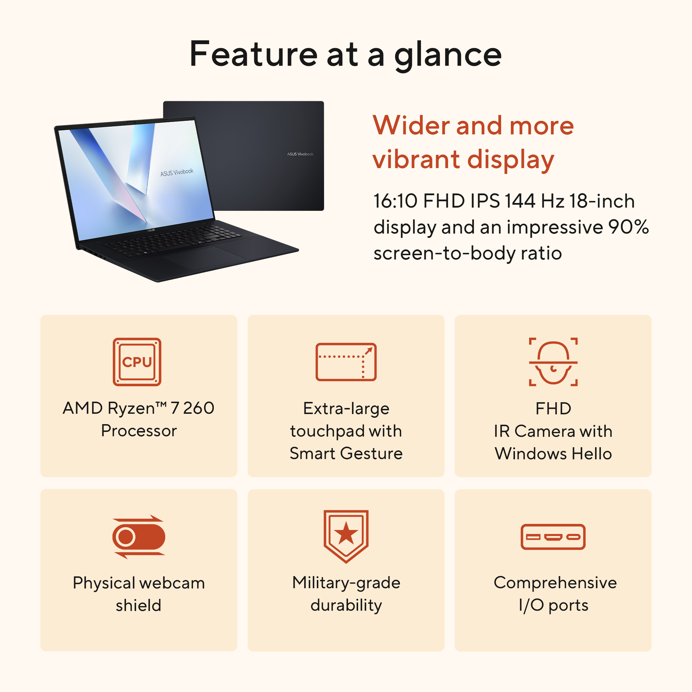 Een zwarte laptop met breder scherm, CPU, touchpad, camera, webcam-schild.