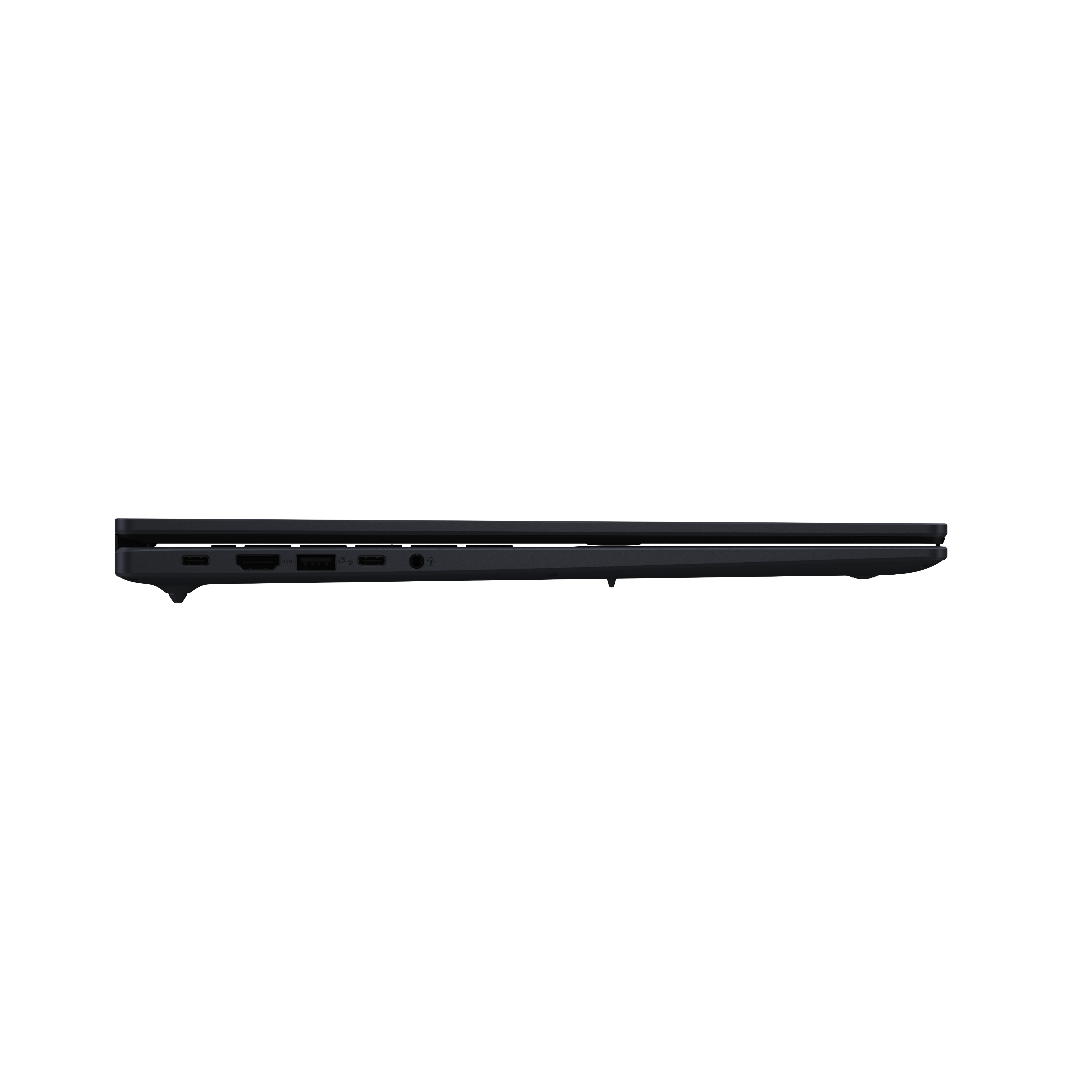 Donkere laptop met poorten aan de zijkant: USB-C, HDMI en USB-A.