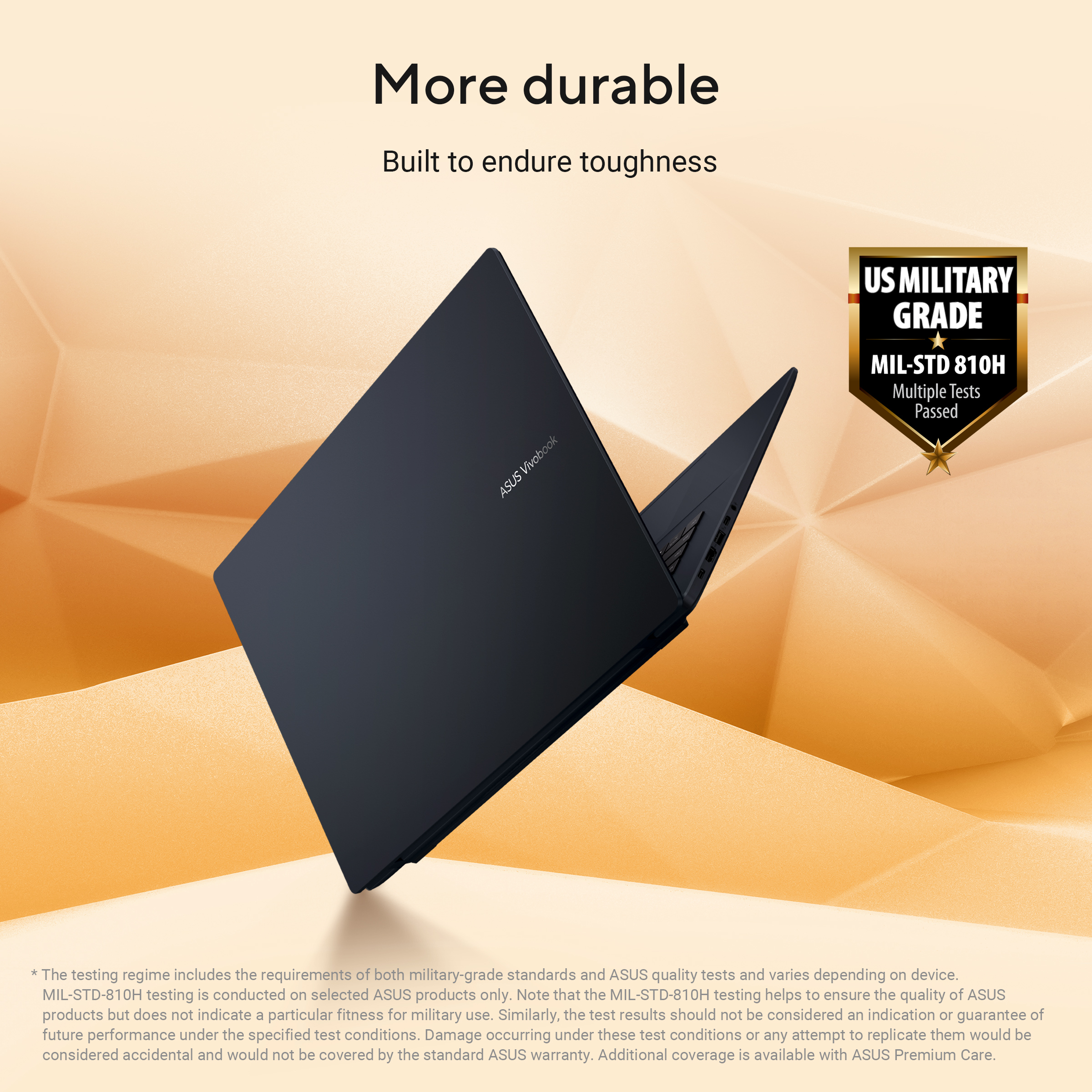 Een zwarte ASUS Vivobook laptop met Amerikaanse militaire kwalificatie.