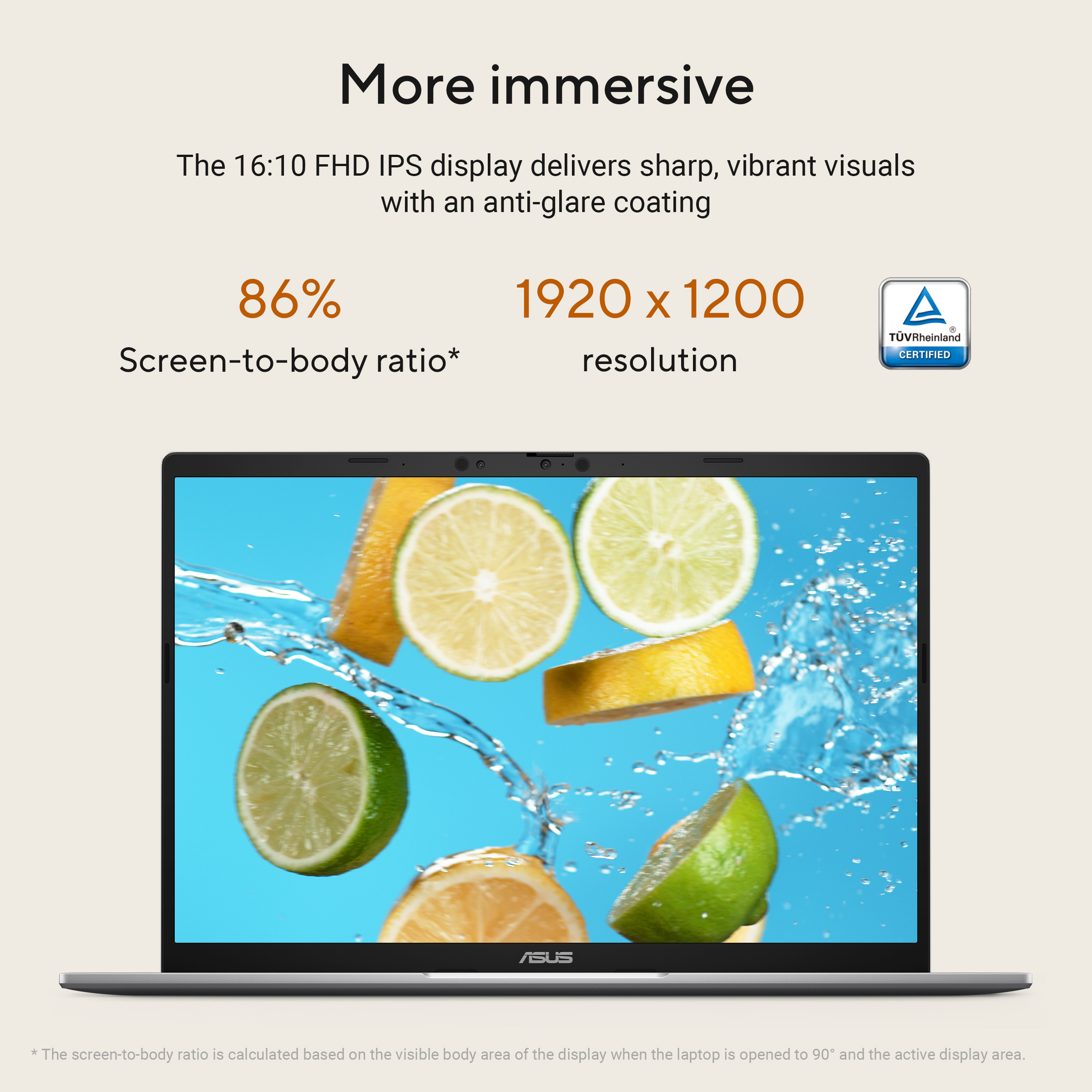 Laptop met citrusvruchten die in water spatten. Beeldscherm-behuizing ratio 86%.