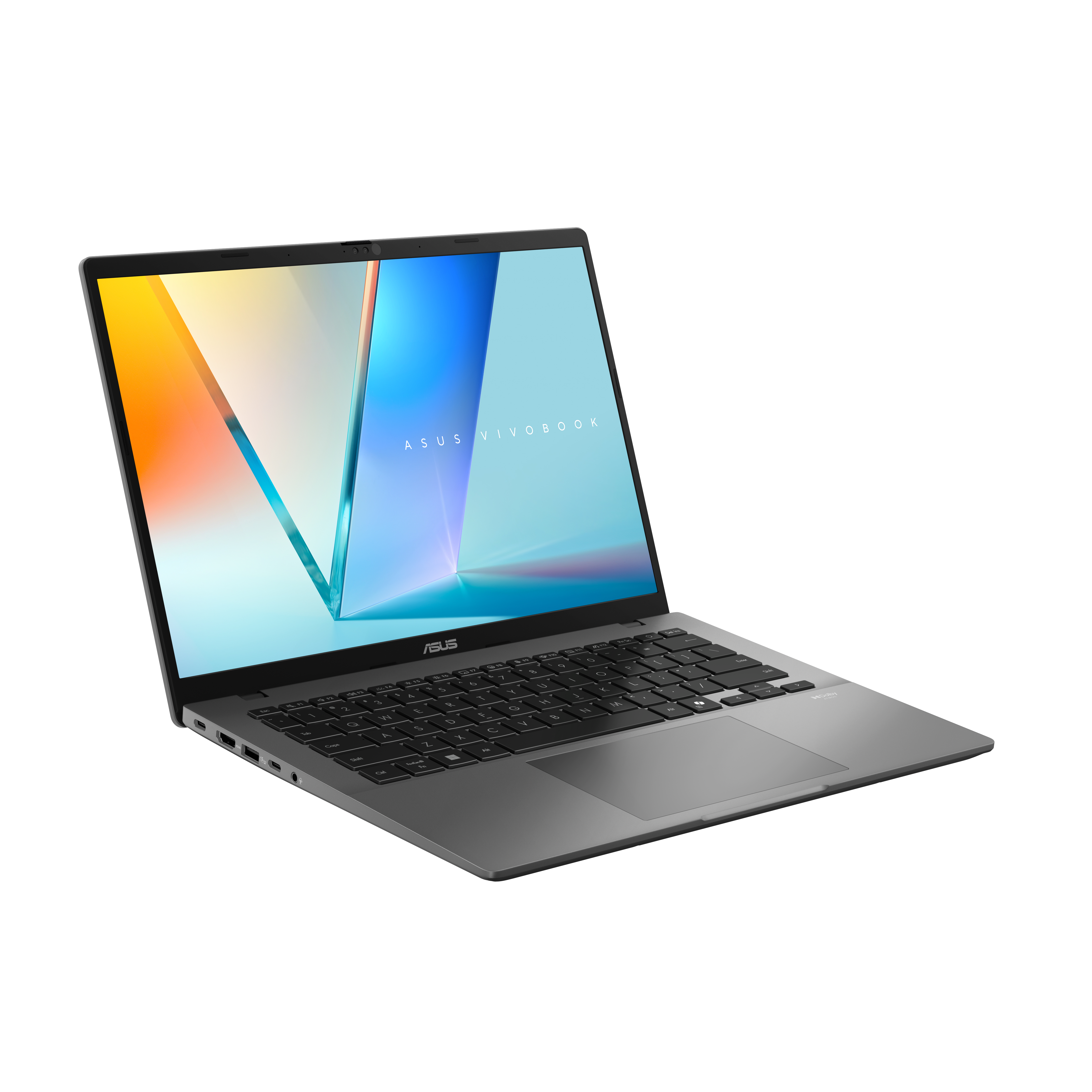 Grijze Asus Vivobook laptop met toetsenbord en kleurrijke schermachtergrond.