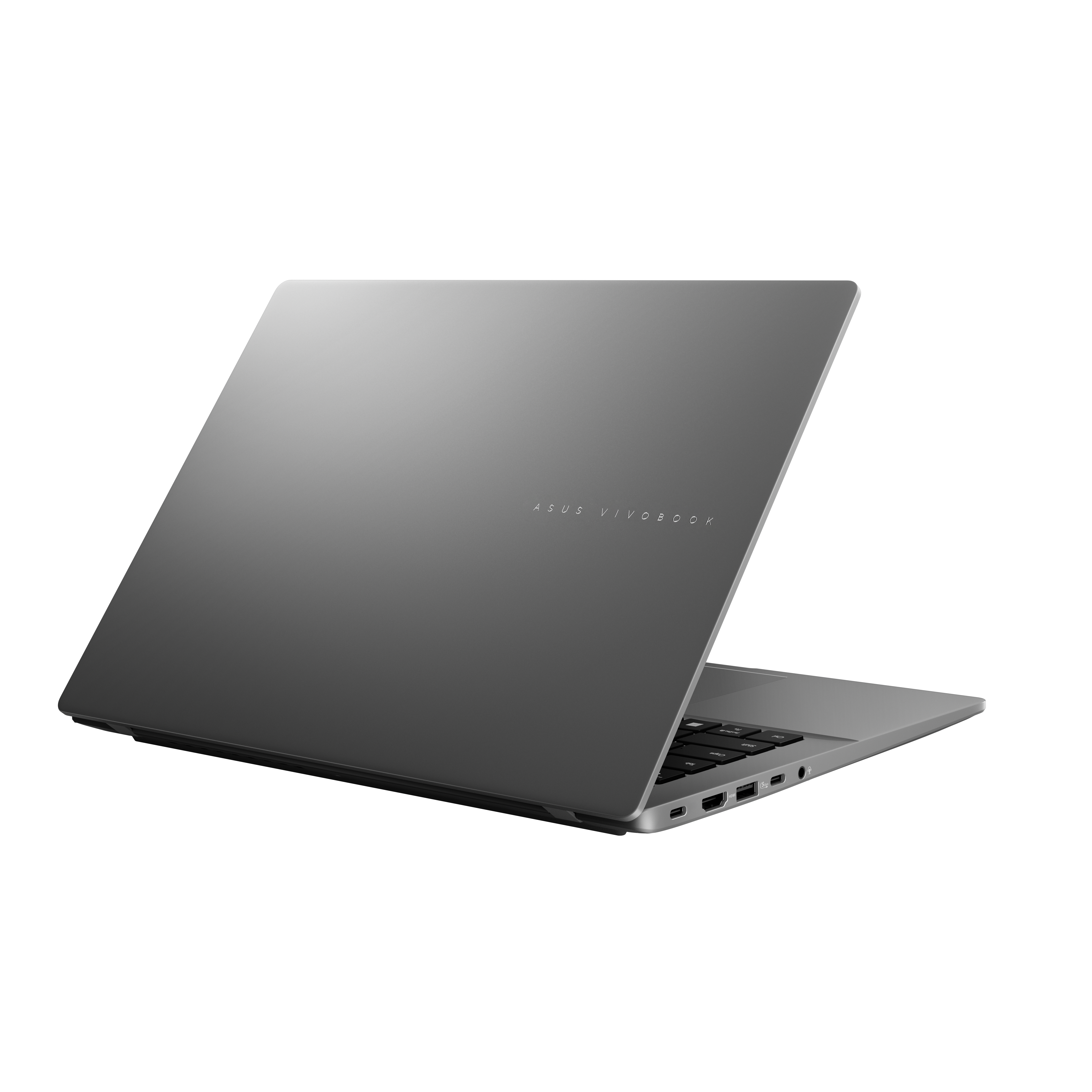 Een gesloten, grijze Asus Vivobook laptop van de zijkant gezien, met poorten.