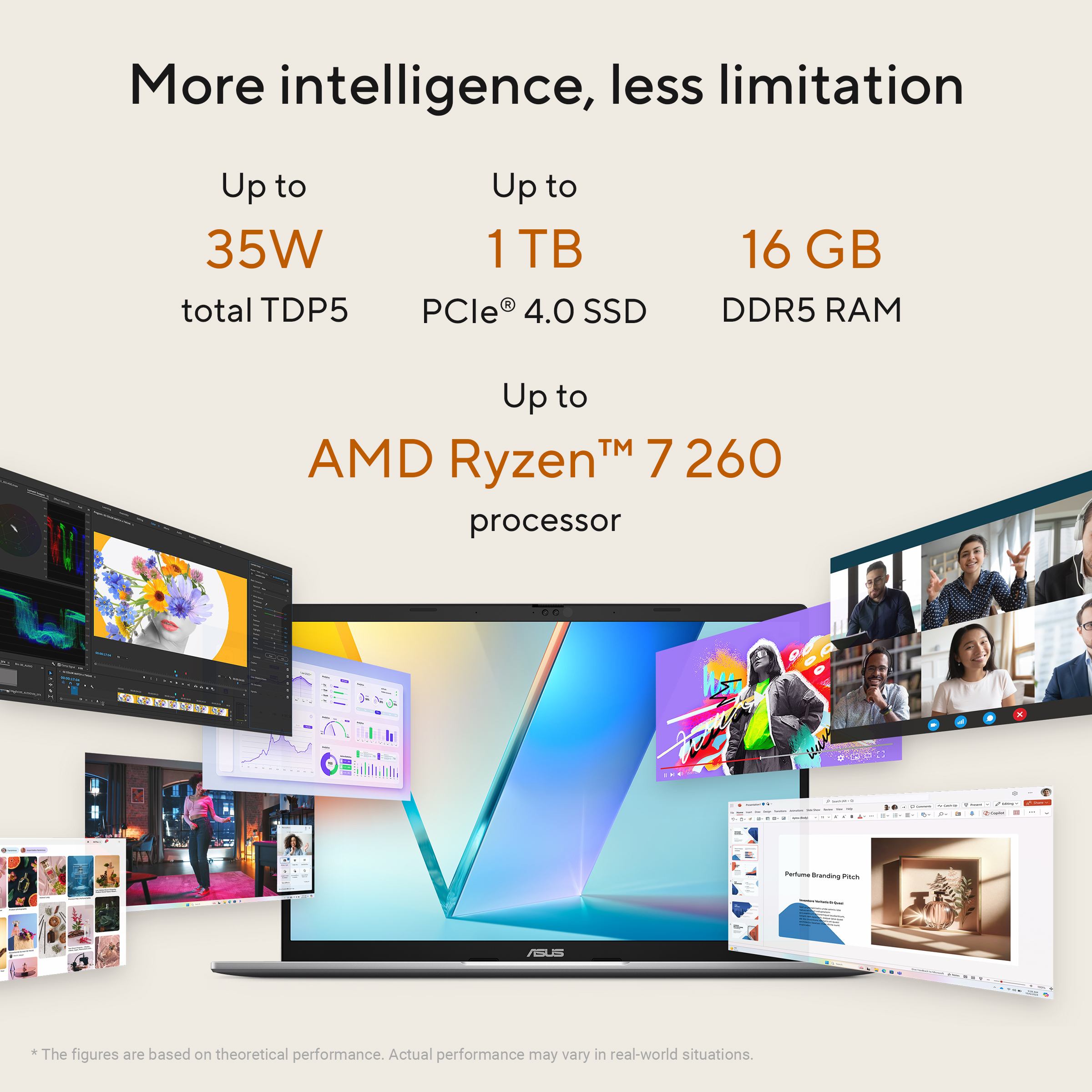 Een laptop met schermen voor videobewerking, data-analyse en videogesprekken.