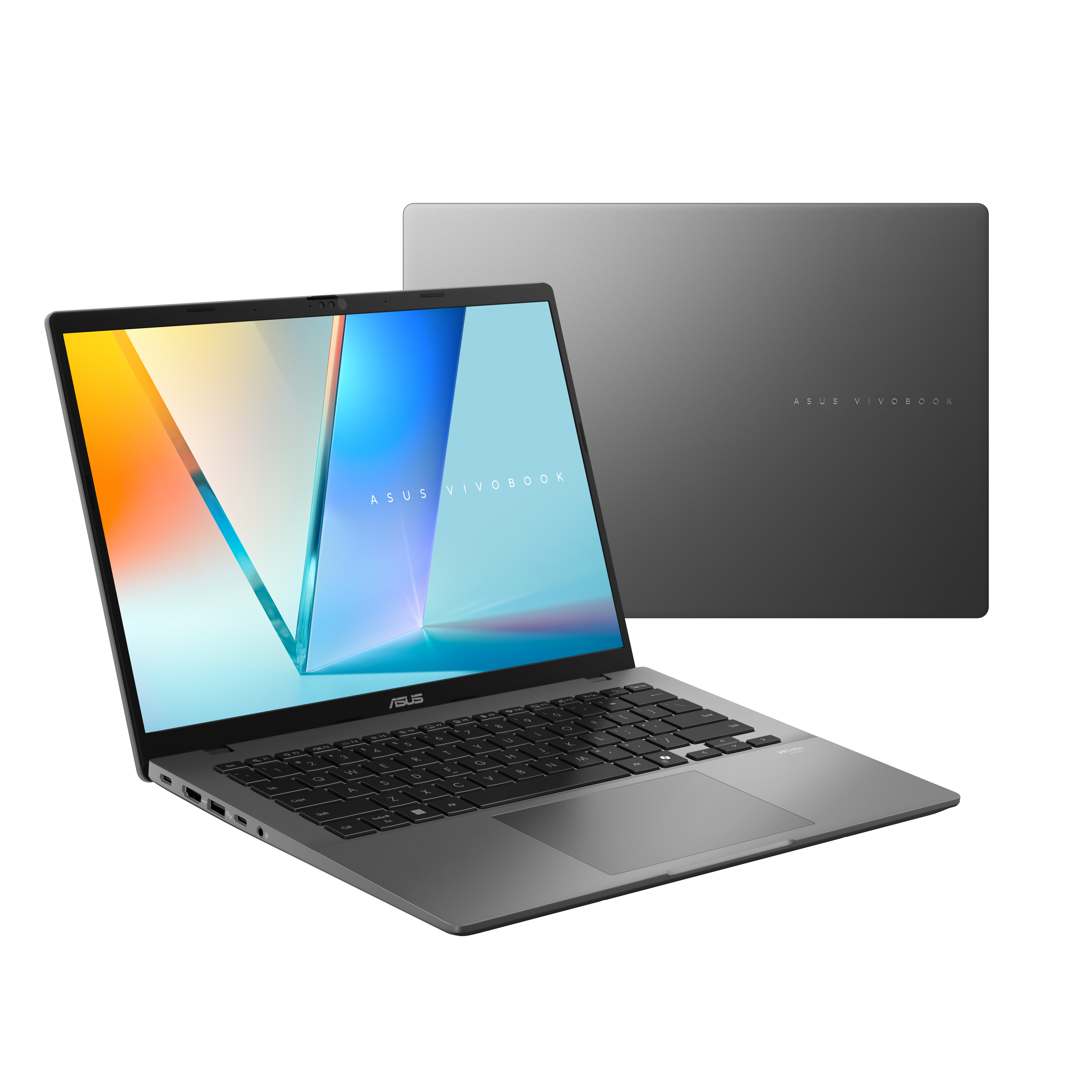 Een grijze Asus Vivobook laptop is open, met een kleurrijke achtergrondafbeelding op het scherm.