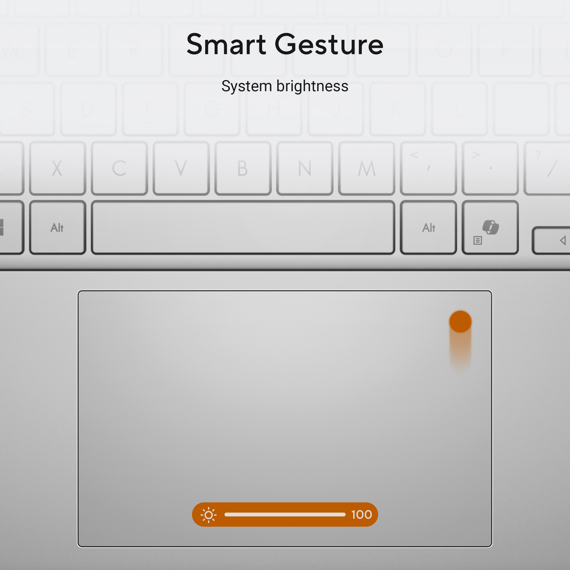 Een laptop touchpad toont een helderheidsschuif op 100.