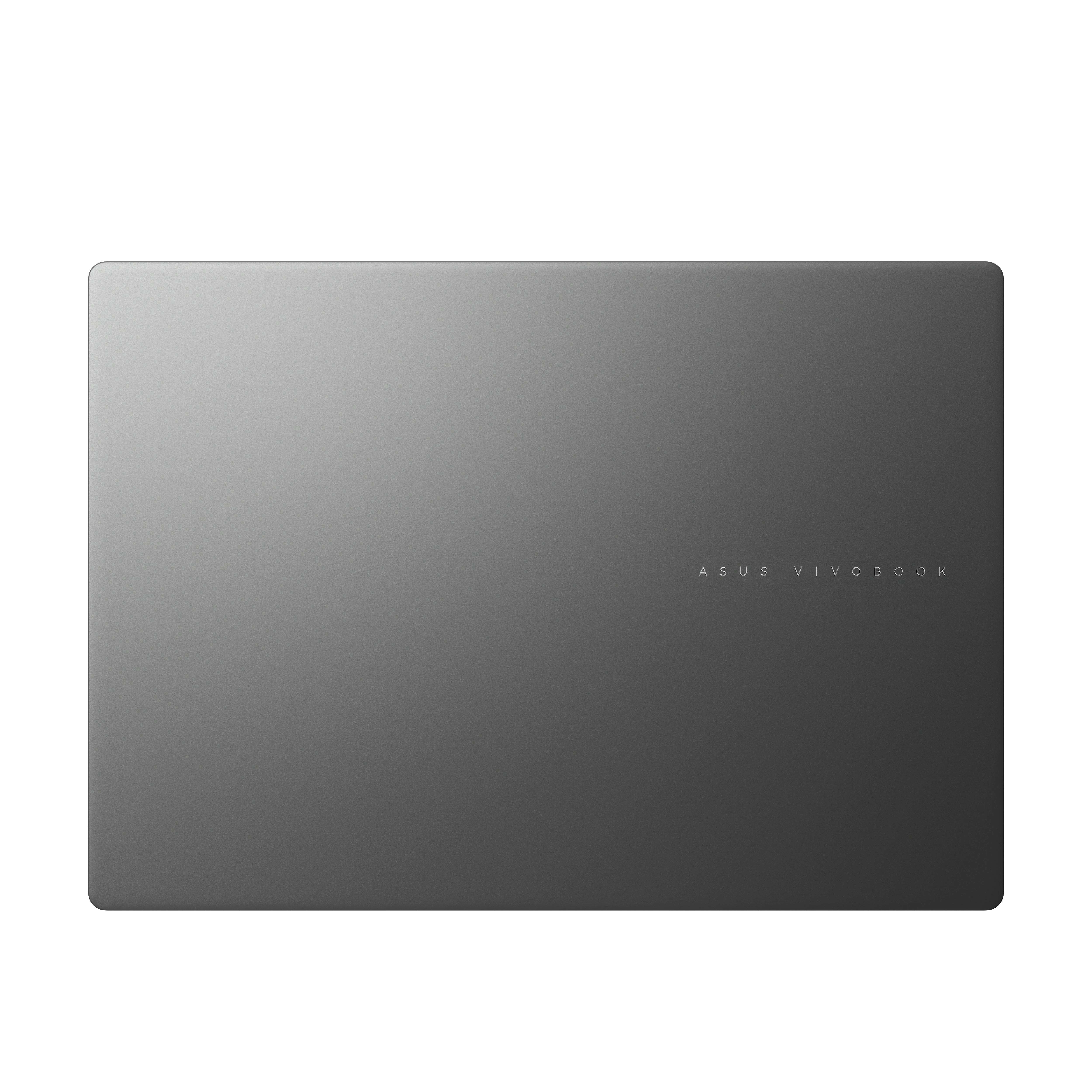 Een gesloten grijze Asus Vivobook laptop met logo op de deksel.