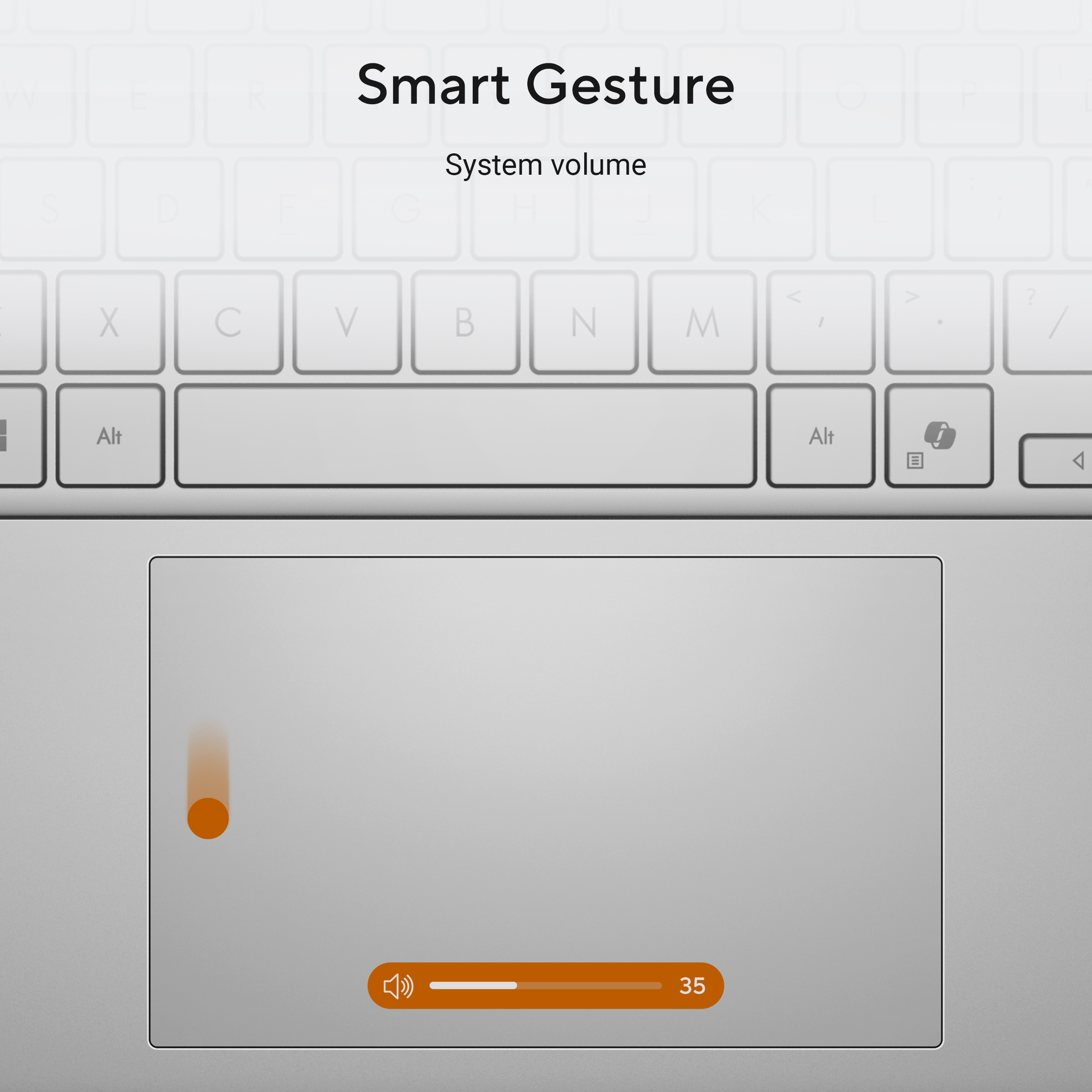 Laptop toetsenbord met touchpad. Volumeregeling op 35.