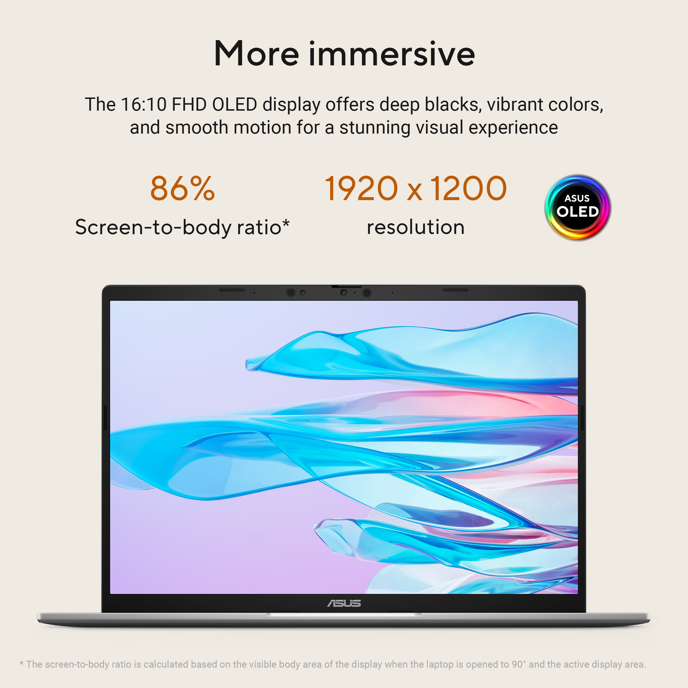 ASUS laptop met 86% scherm-tot-behuizingverhouding en 1920x1200 OLED-display.