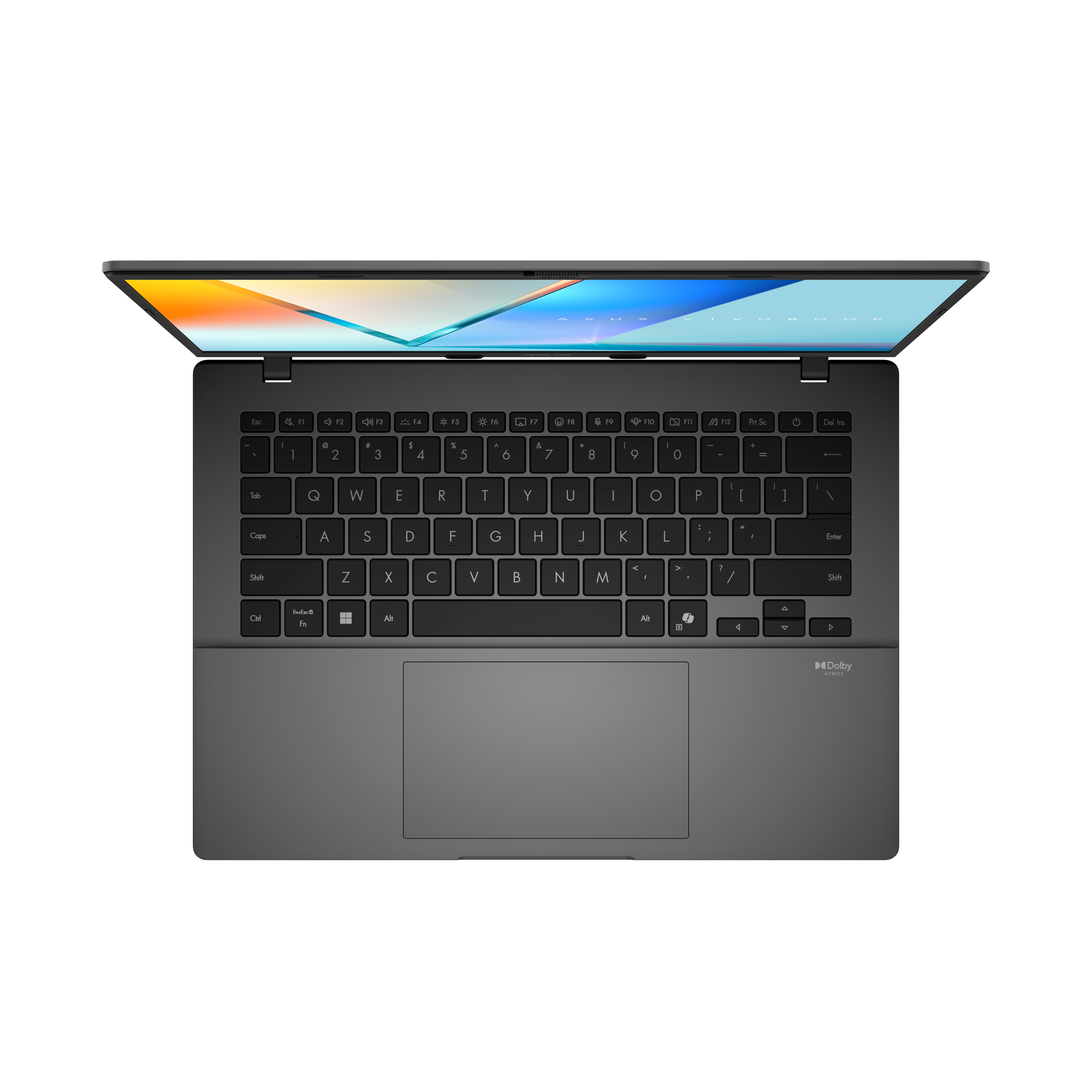 Een open donkergrijze laptop van bovenaf gezien. Het toetsenbord en touchpad zijn zichtbaar.