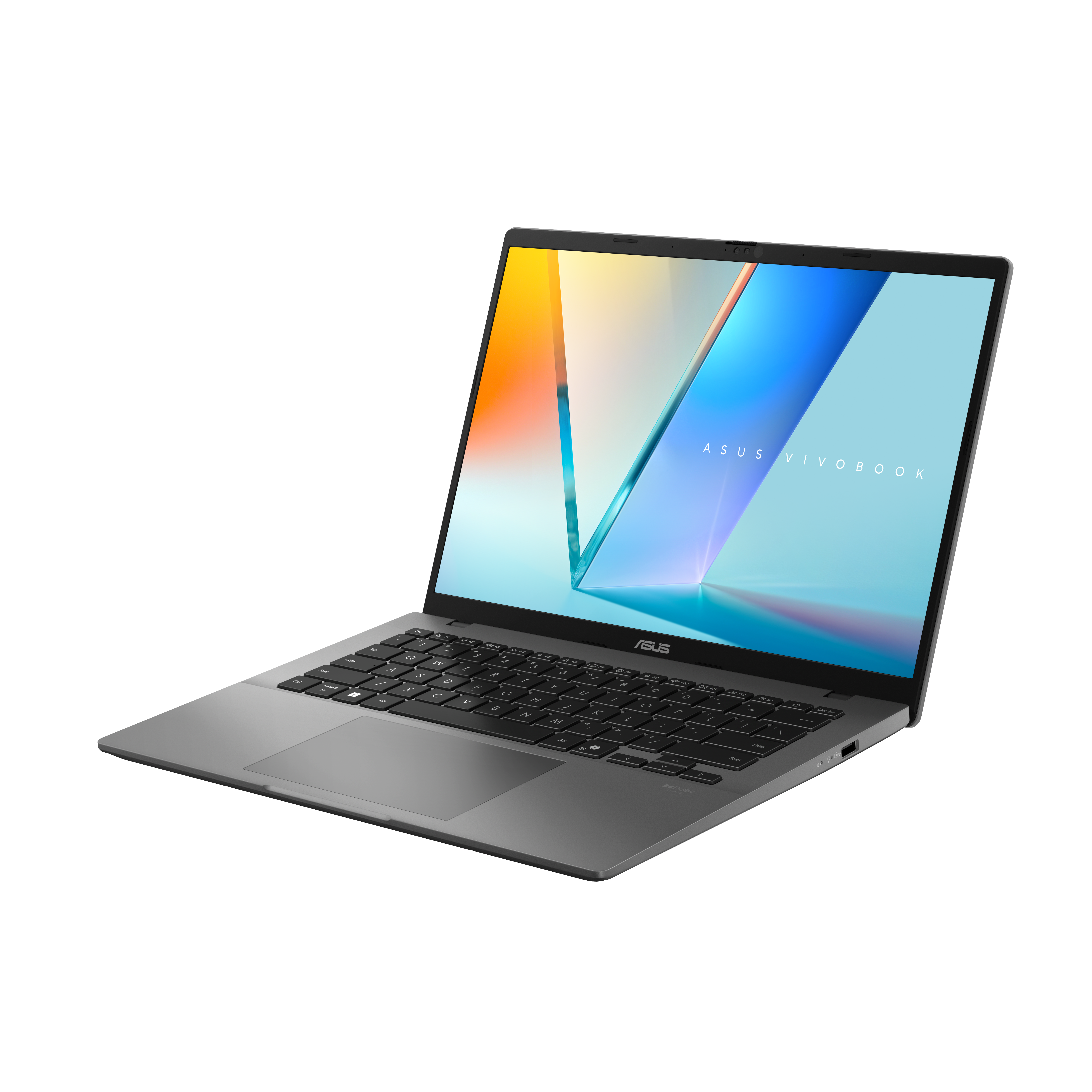 Een zilveren laptop met een levendig scherm dat abstracte kleuren toont.