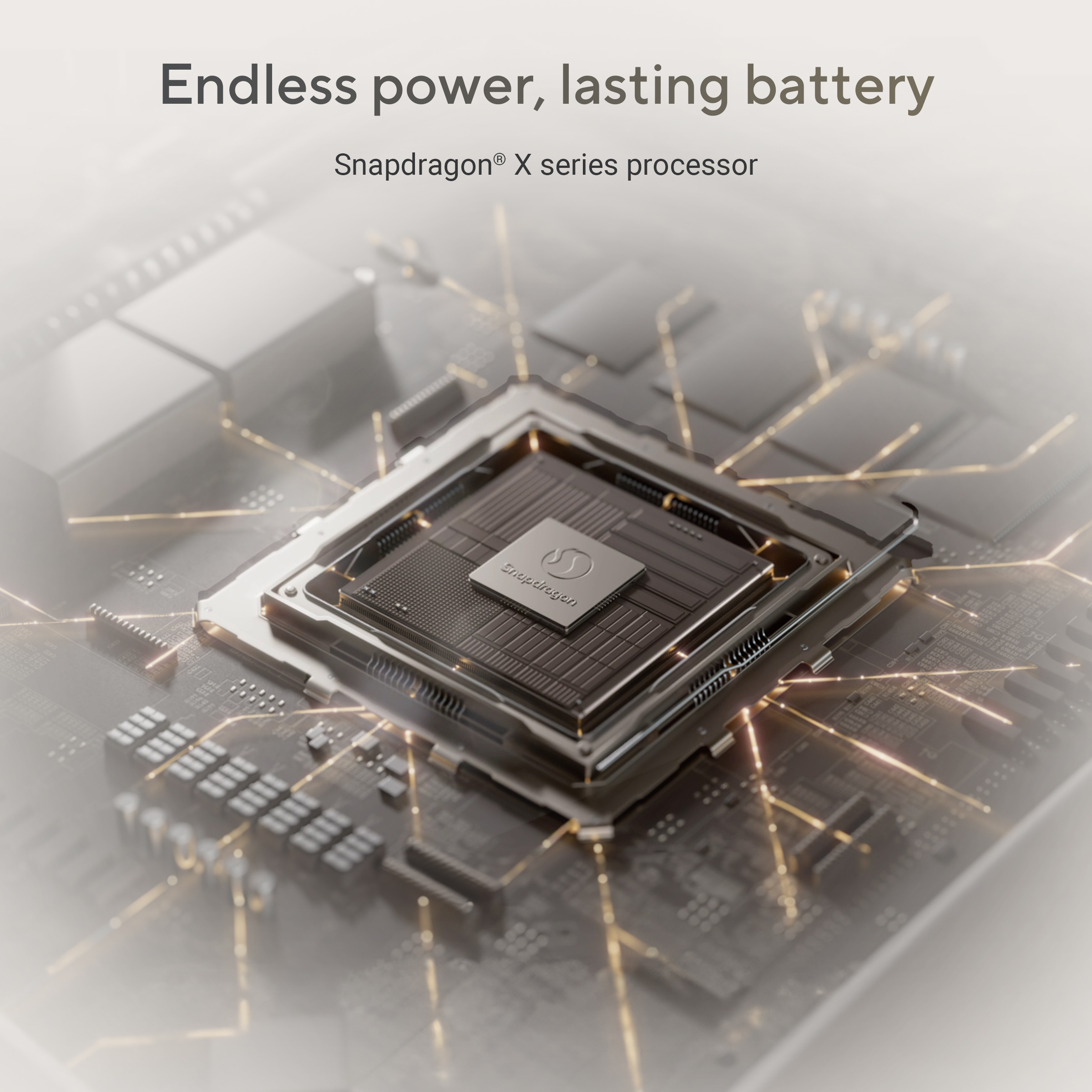 Een Snapdragon processor op een printplaat met gouden verbindingen.