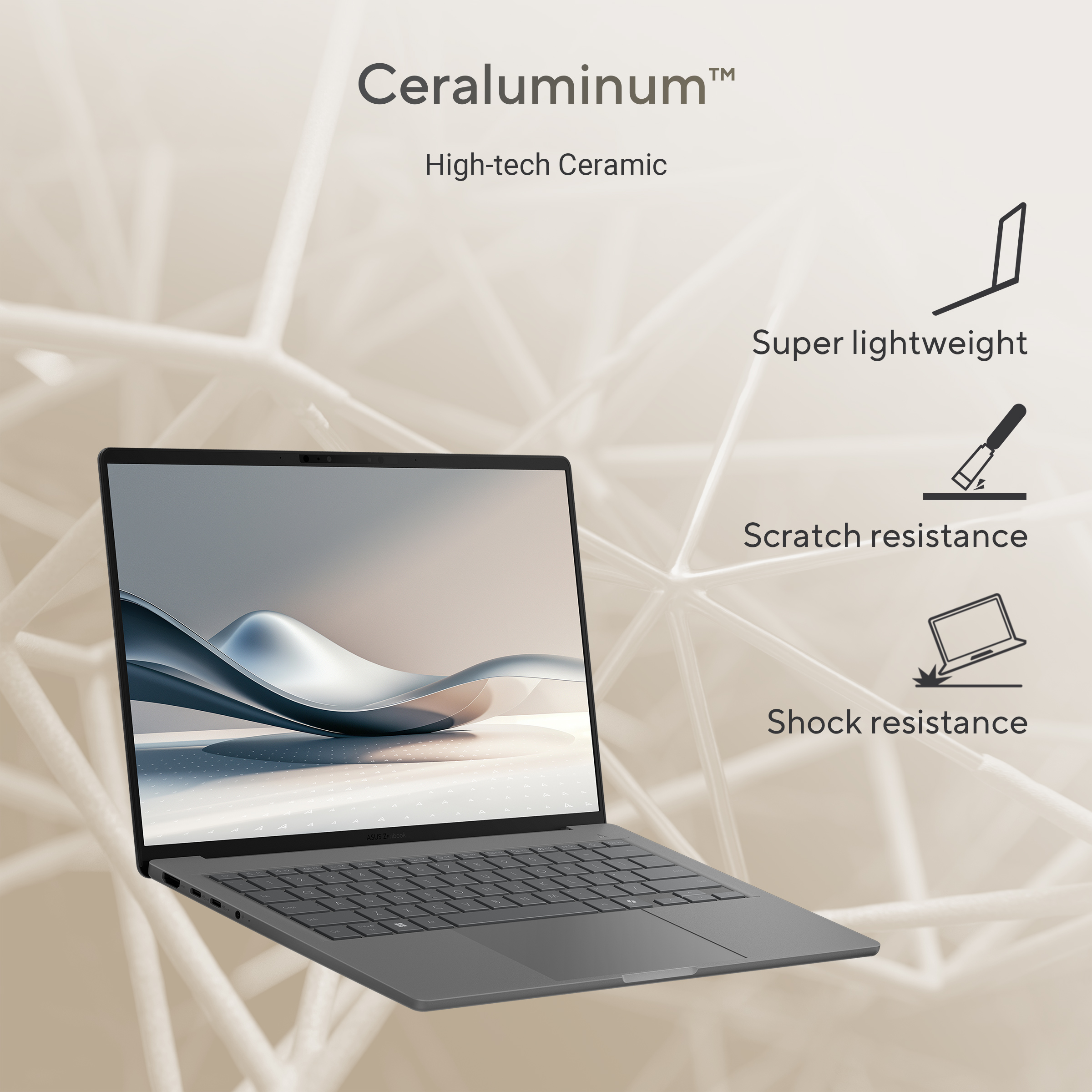 Grijze laptop met abstracte screensaver, tekst & iconen rechts.