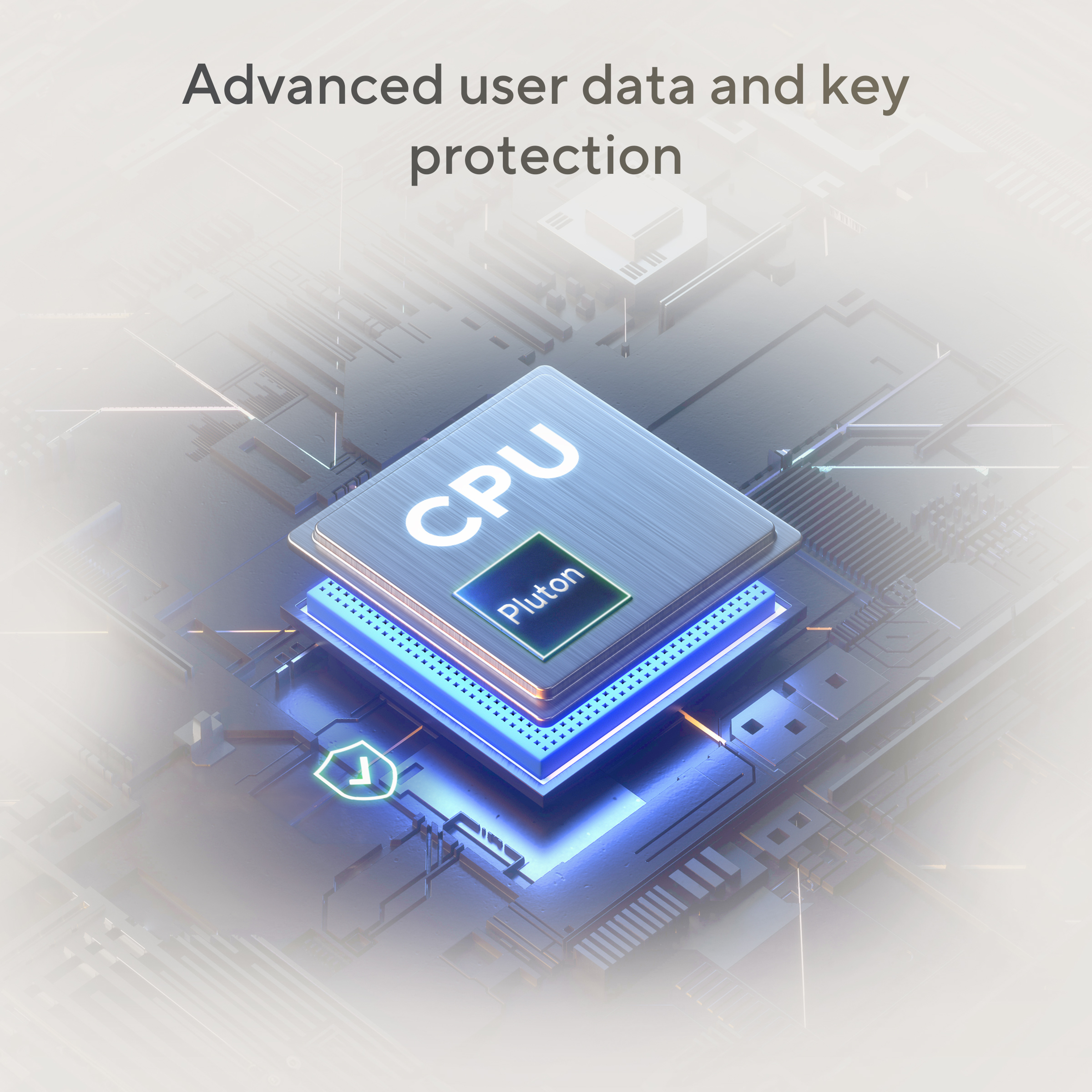 Een CPU met het label "Pluton" rust op een gestileerd moederbord met blauwe verlichting.