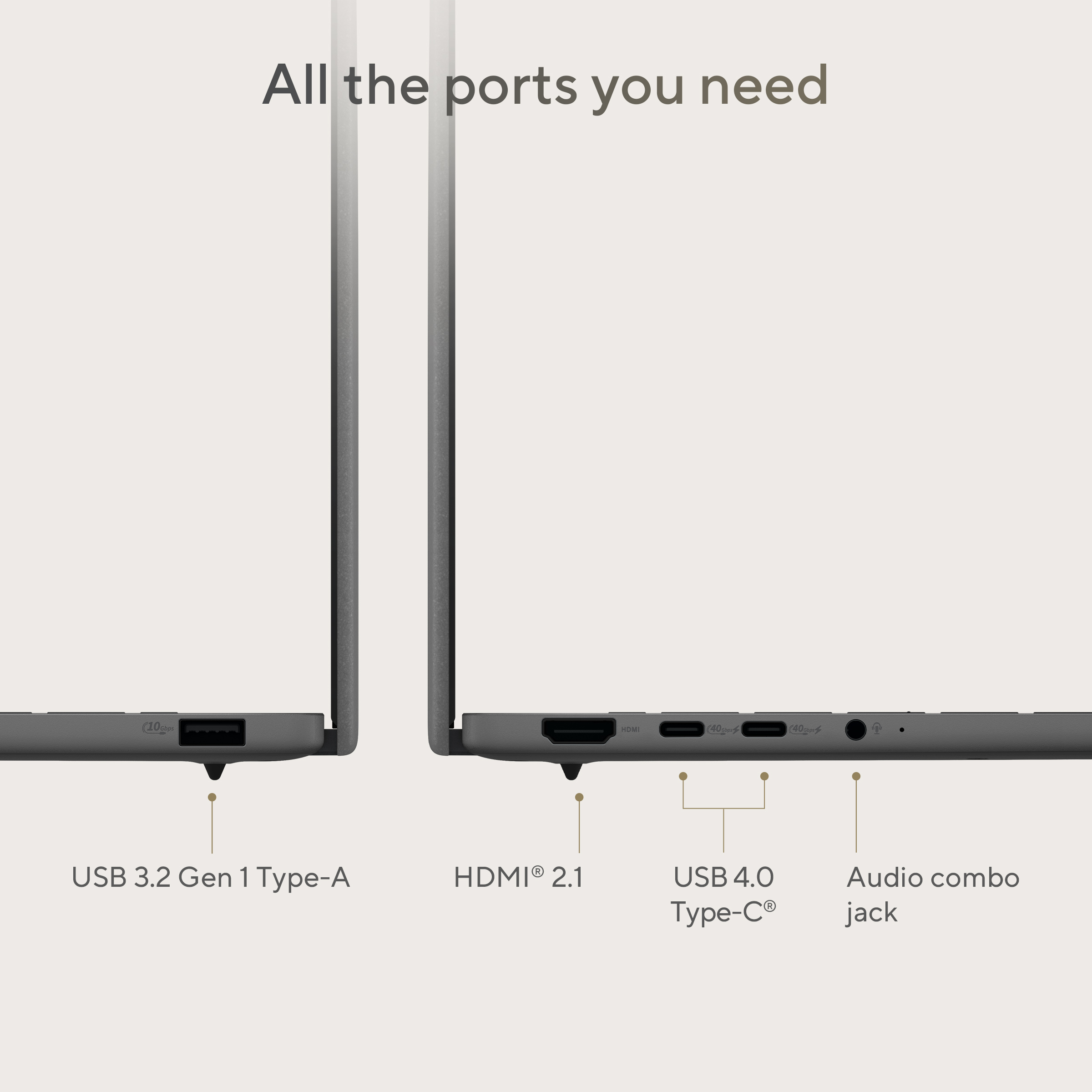 Zijaanzicht laptop met USB-A, HDMI, USB-C en audiojack poorten.