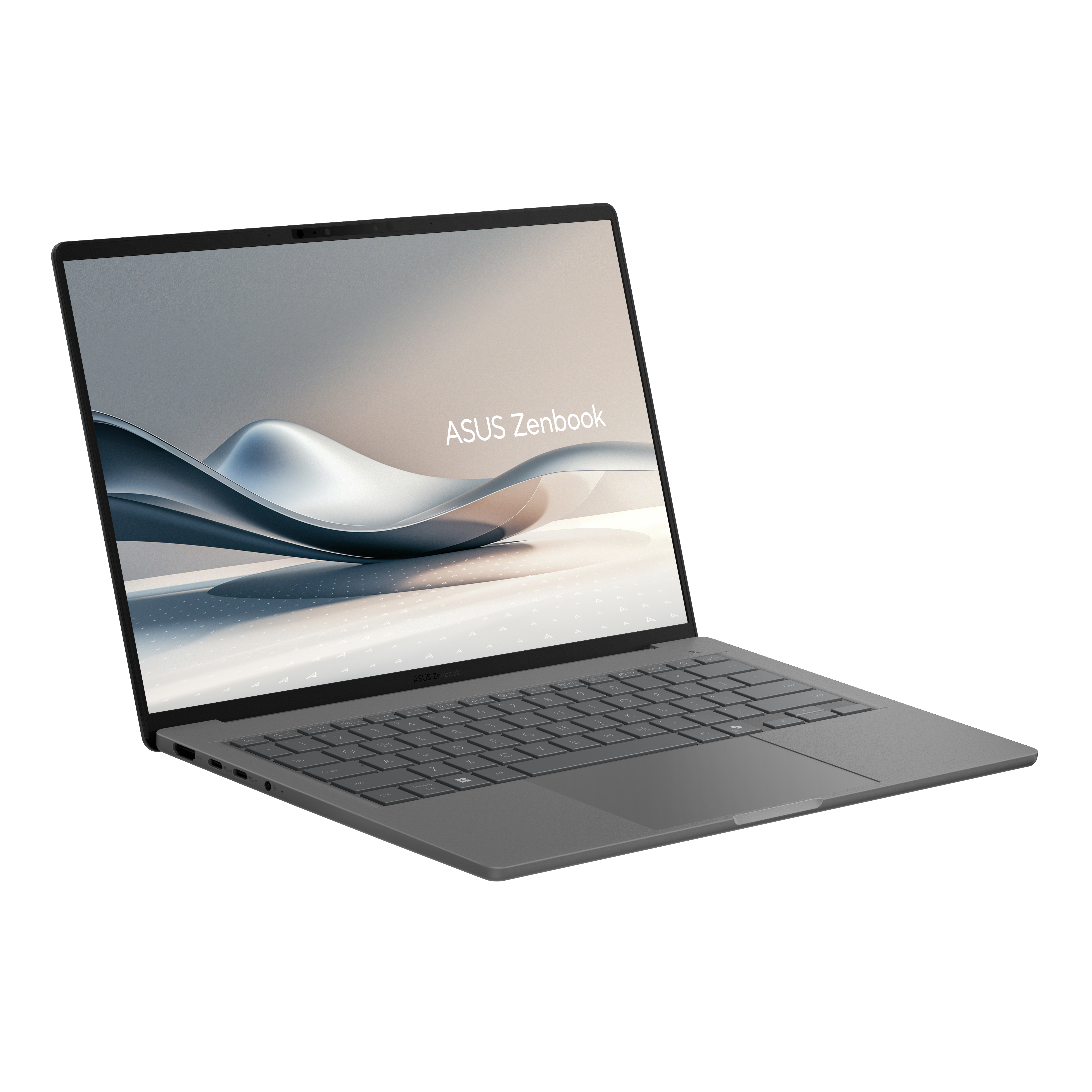 Een grijze ASUS Zenbook laptop, open, met een stijlvolle achtergrond op het scherm.