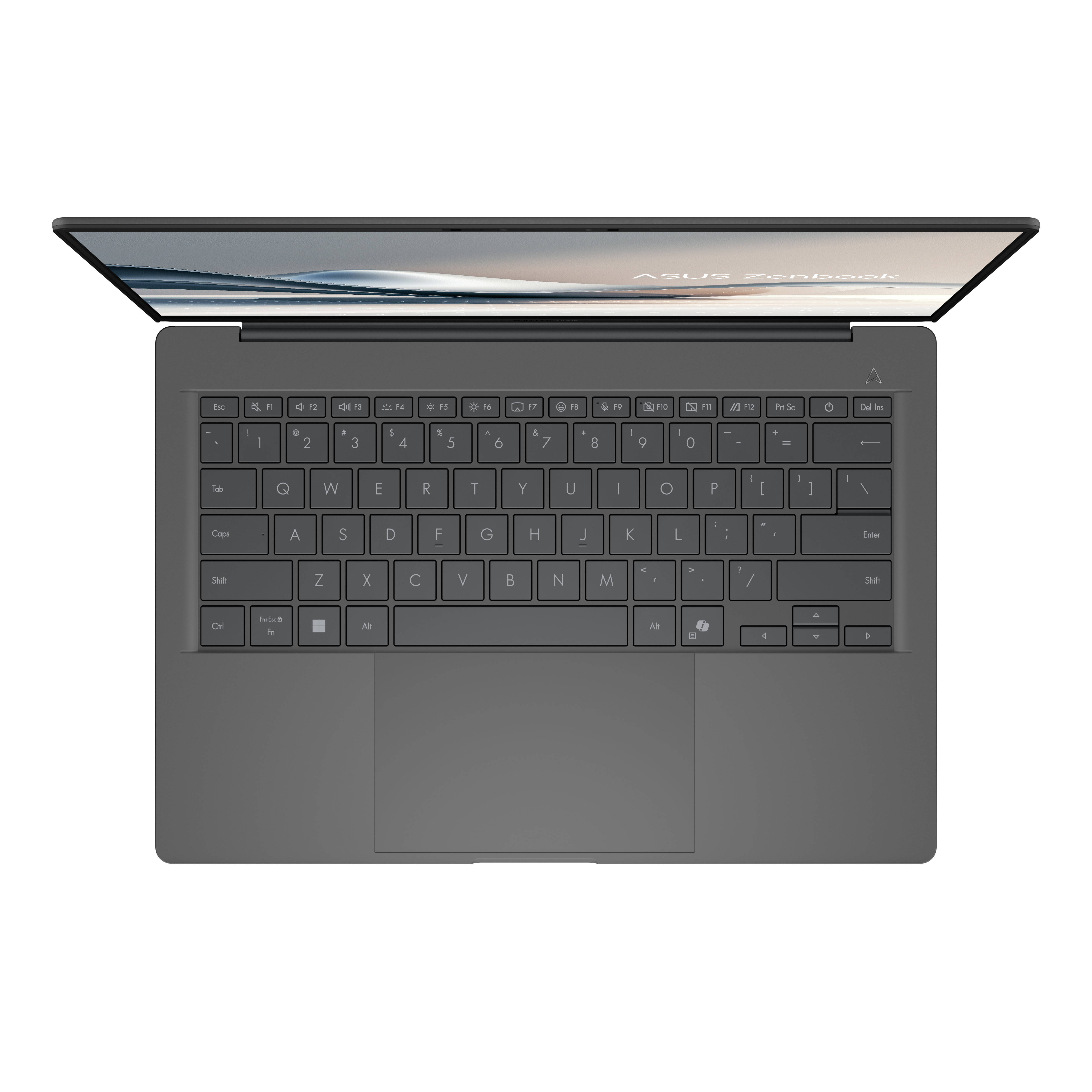 Grijze laptop met open scherm en toetsenbord op zwarte achtergrond.