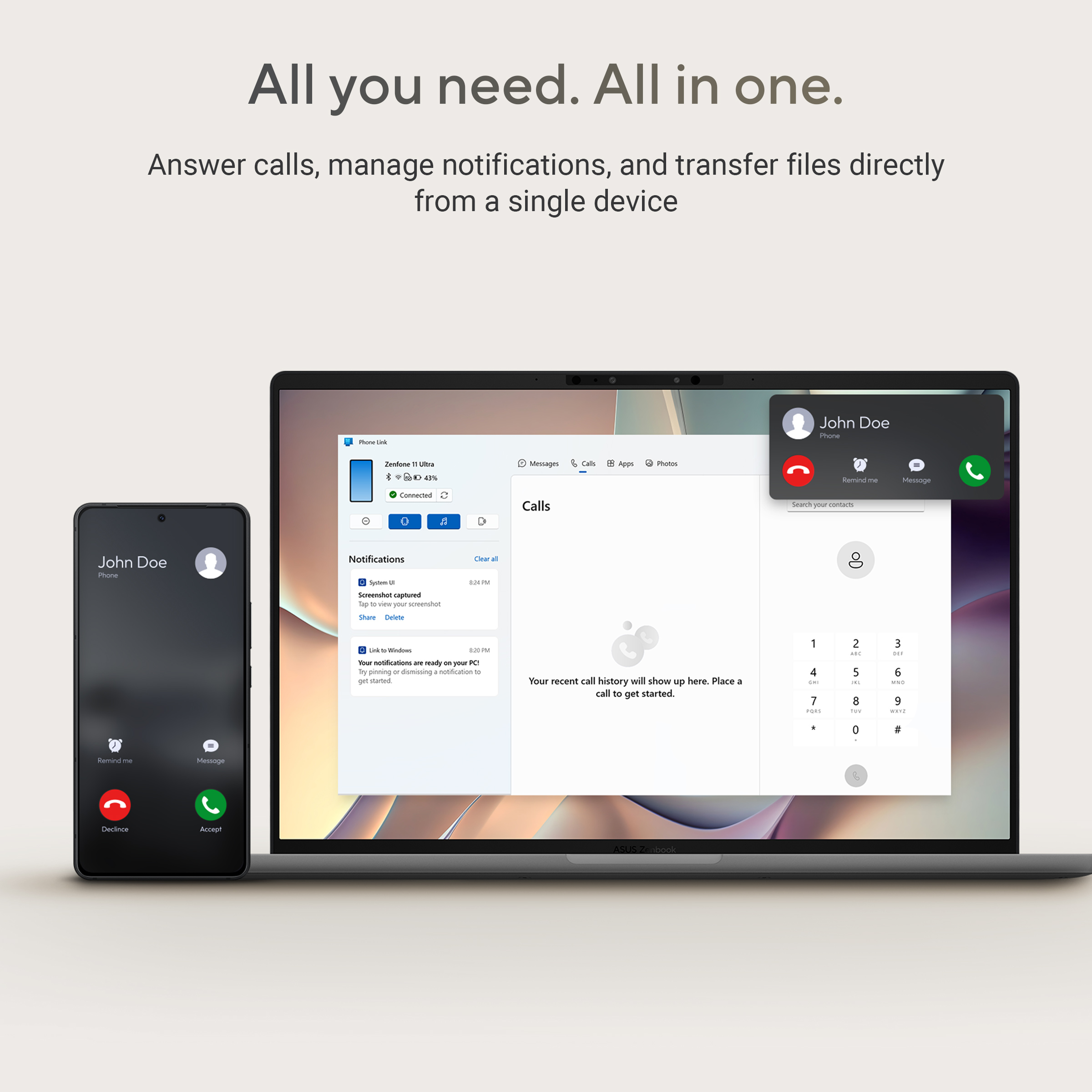 Een smartphone en laptop tonen inkomende oproepen en meldingen.