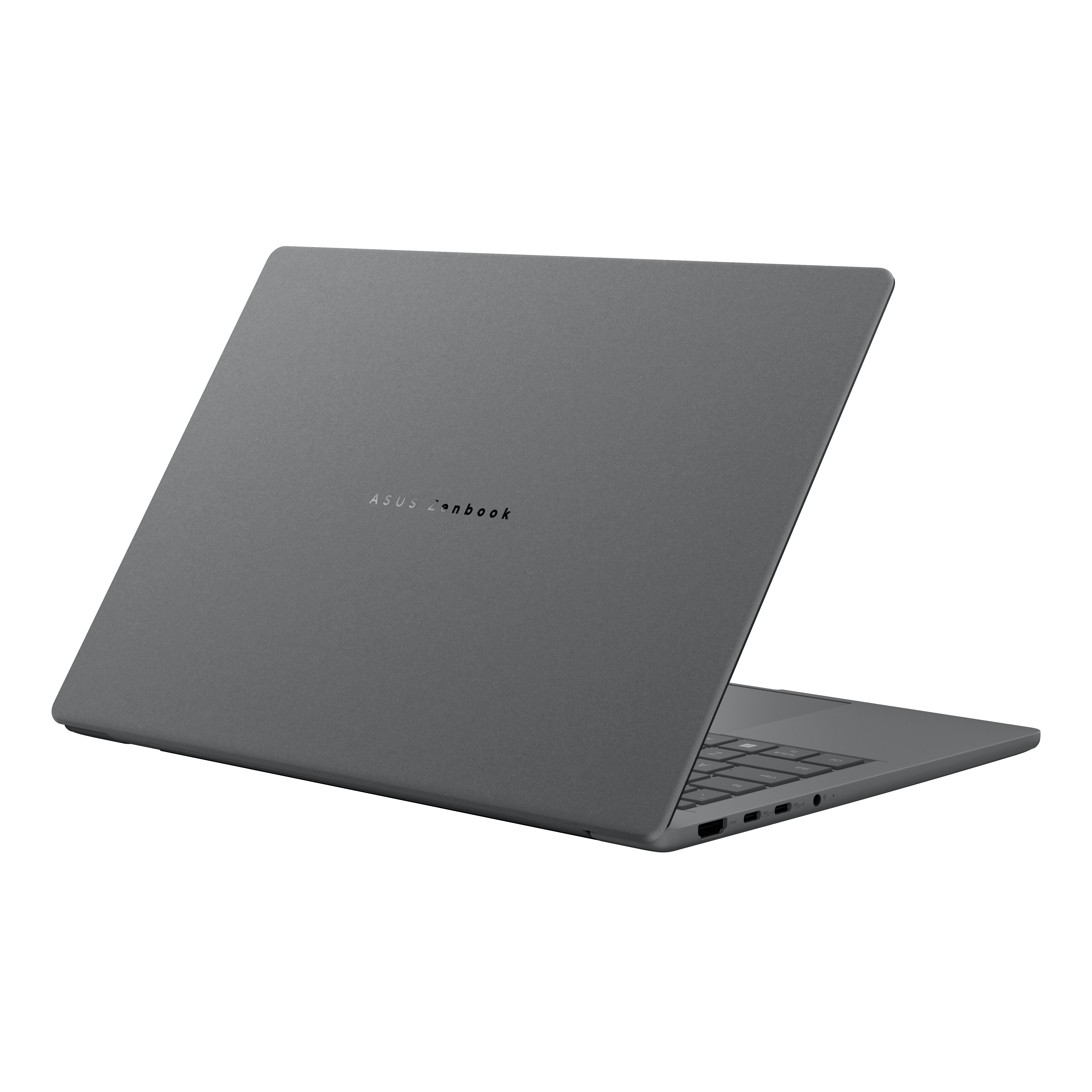 Een gesloten, grijze Asus Zenbook laptop met poorten aan de zijkant.