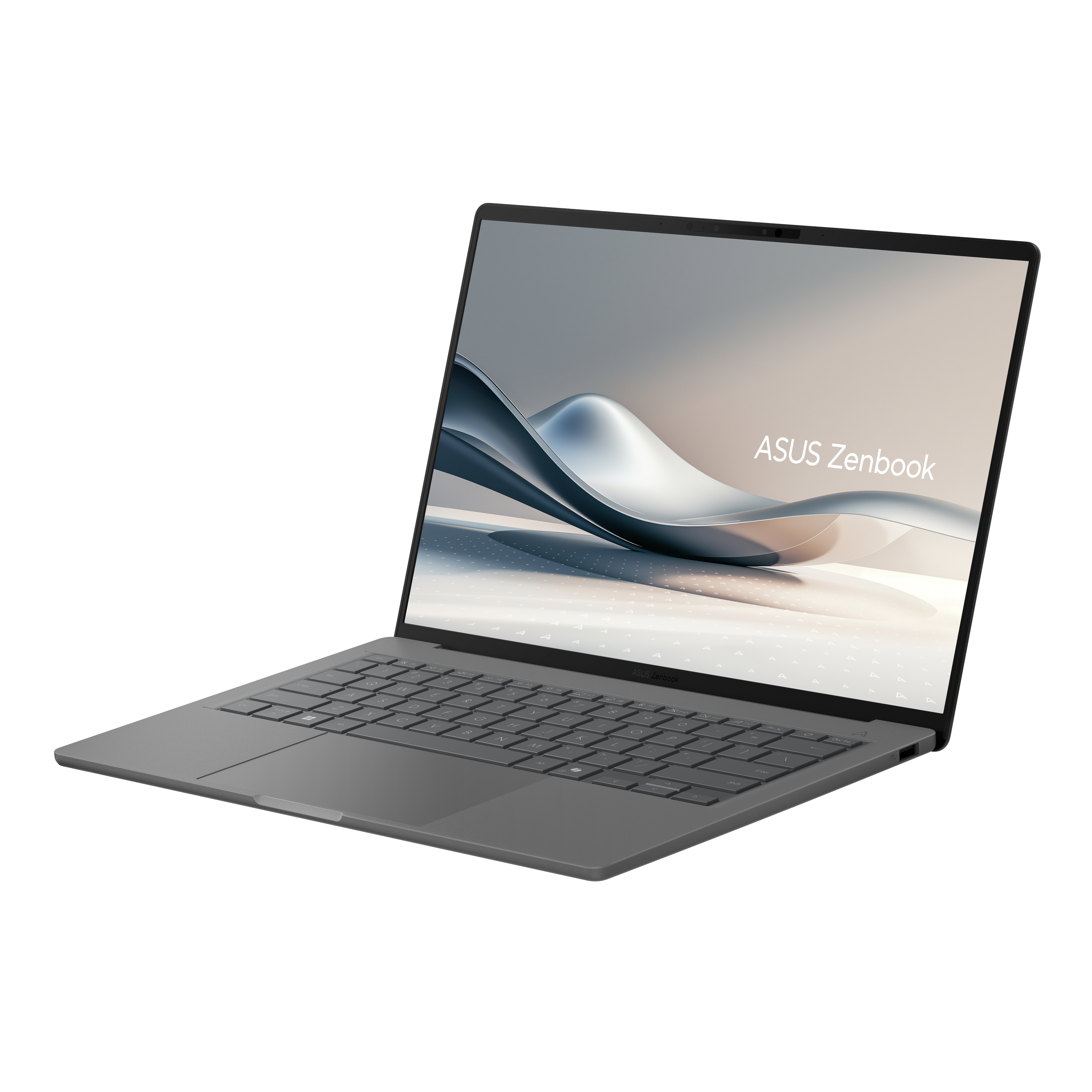 Een gesloten grijze ASUS Zenbook laptop met een abstracte achtergrond op het scherm.