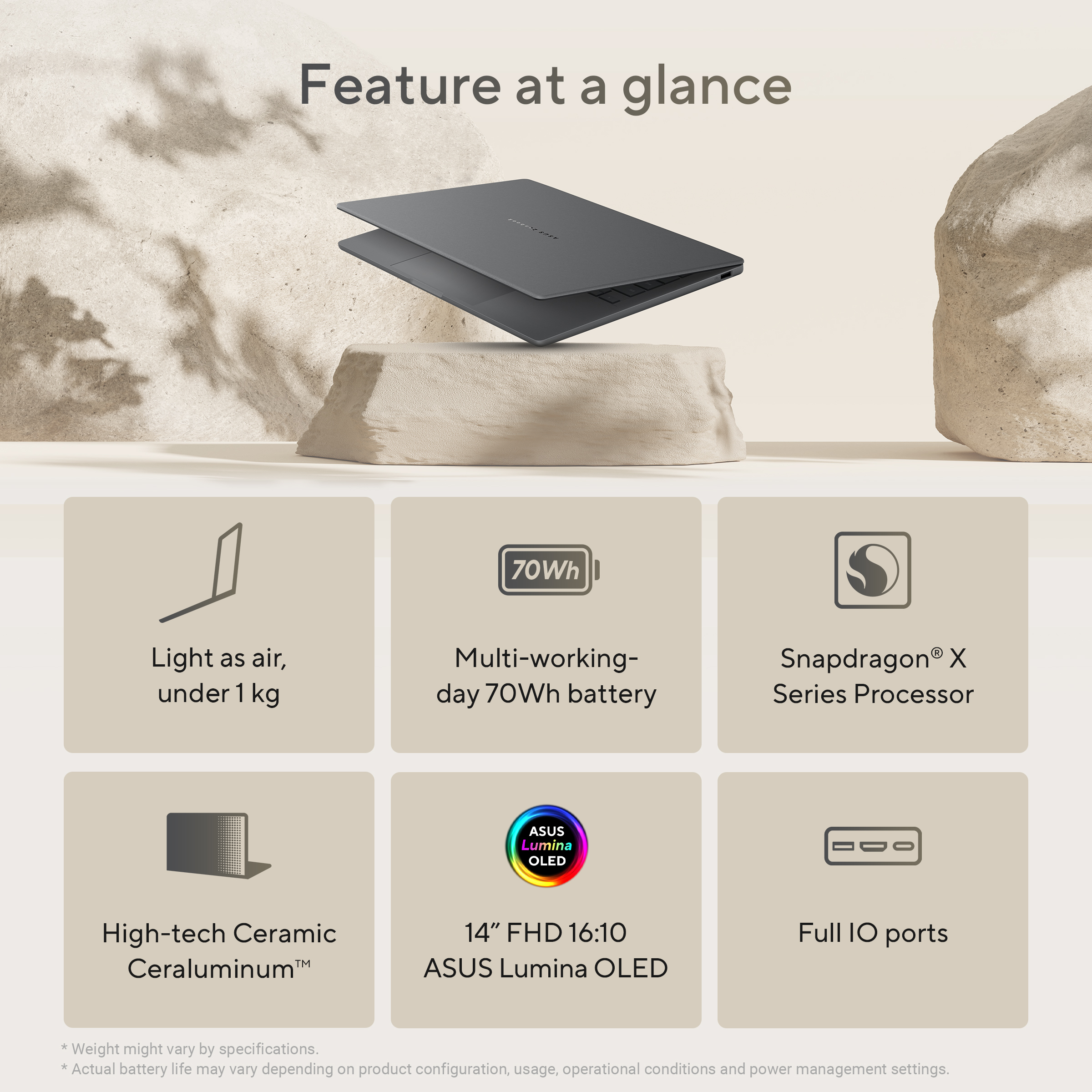Laptopfuncties: Licht, 70Wh batterij, Snapdragon X, Keramiek, 14" OLED.