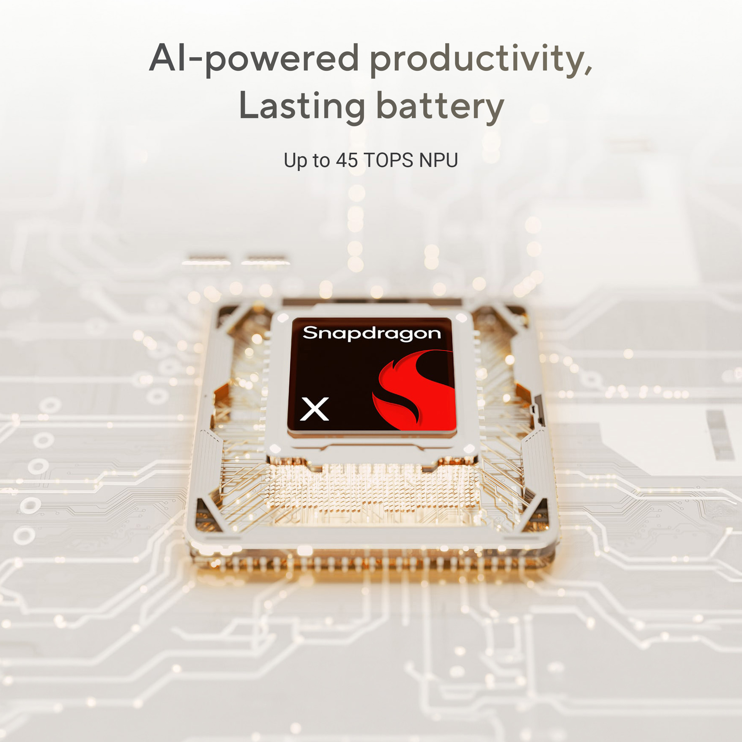 Snapdragon processor op printplaat met tekst: AI-gestuurde productiviteit, lange batterijduur.
