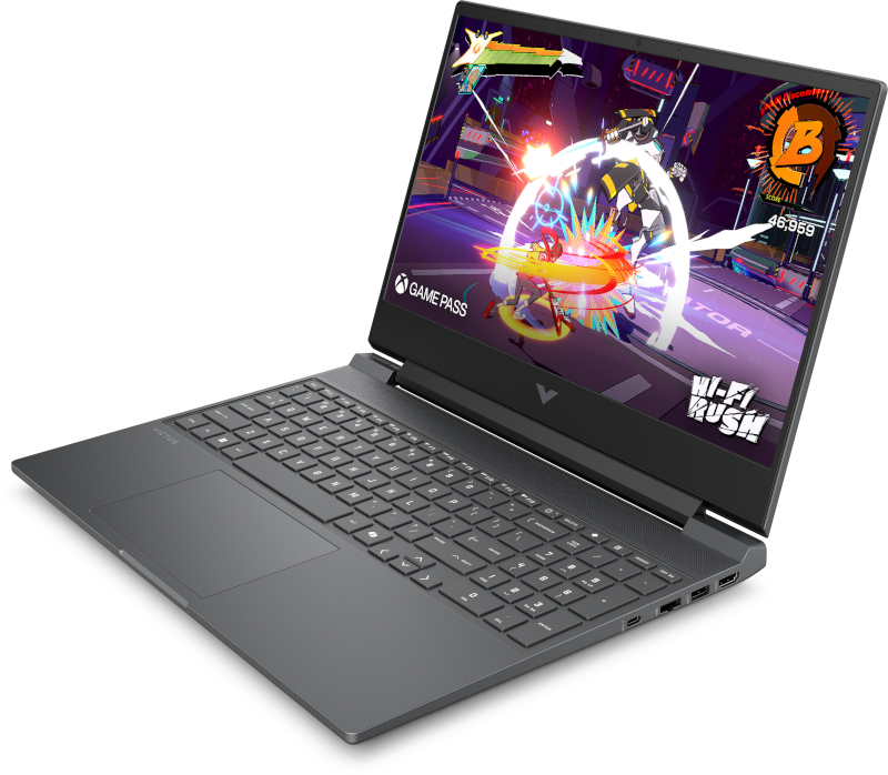 Koyu gri HP Victus dizüstü bilgisayar, canlı aksiyonlu Hi-Fi Rush oyununu gösteriyor.