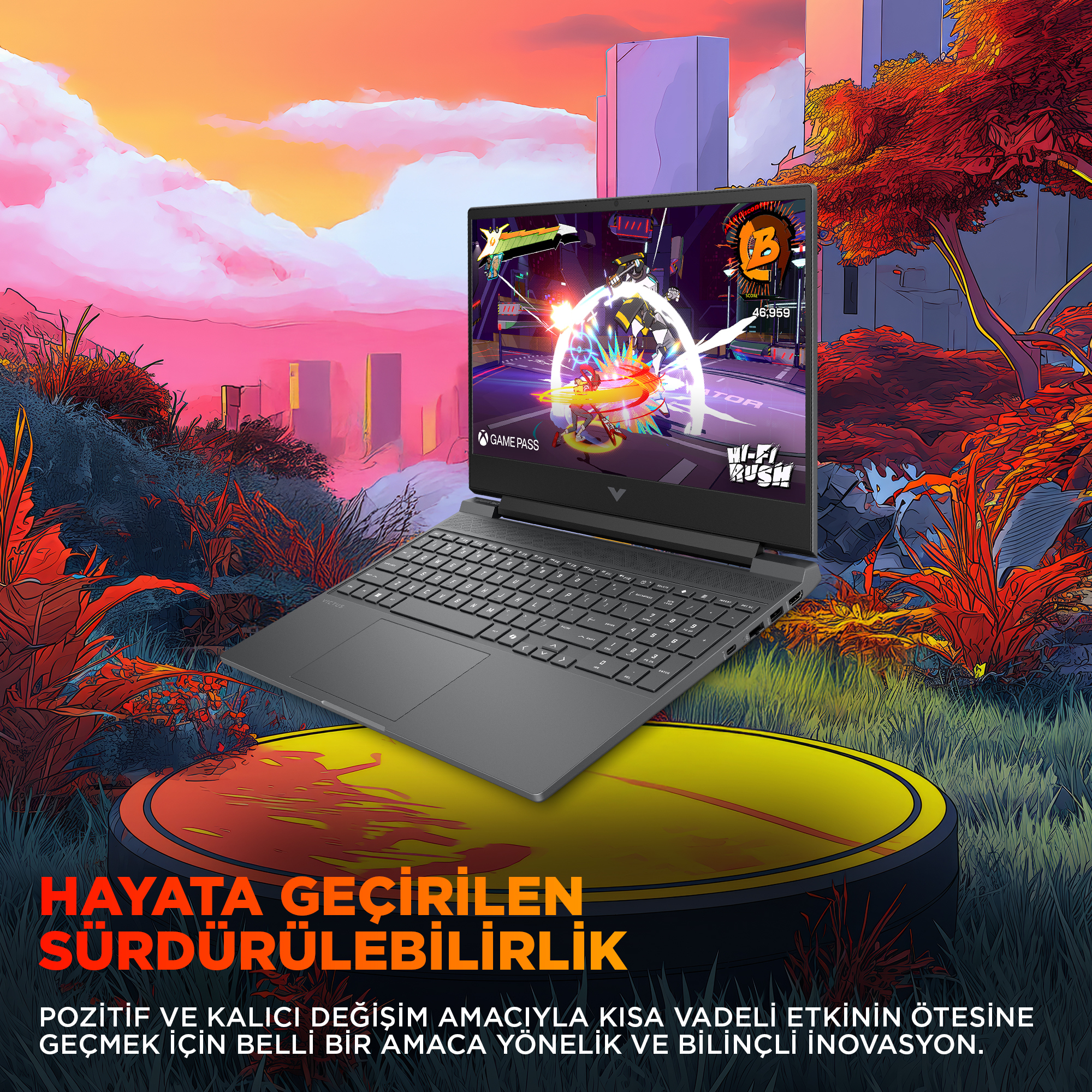 Renkli bir video oyunu oynayan dizüstü bilgisayar, stilize bir şehir manzarası önünde.